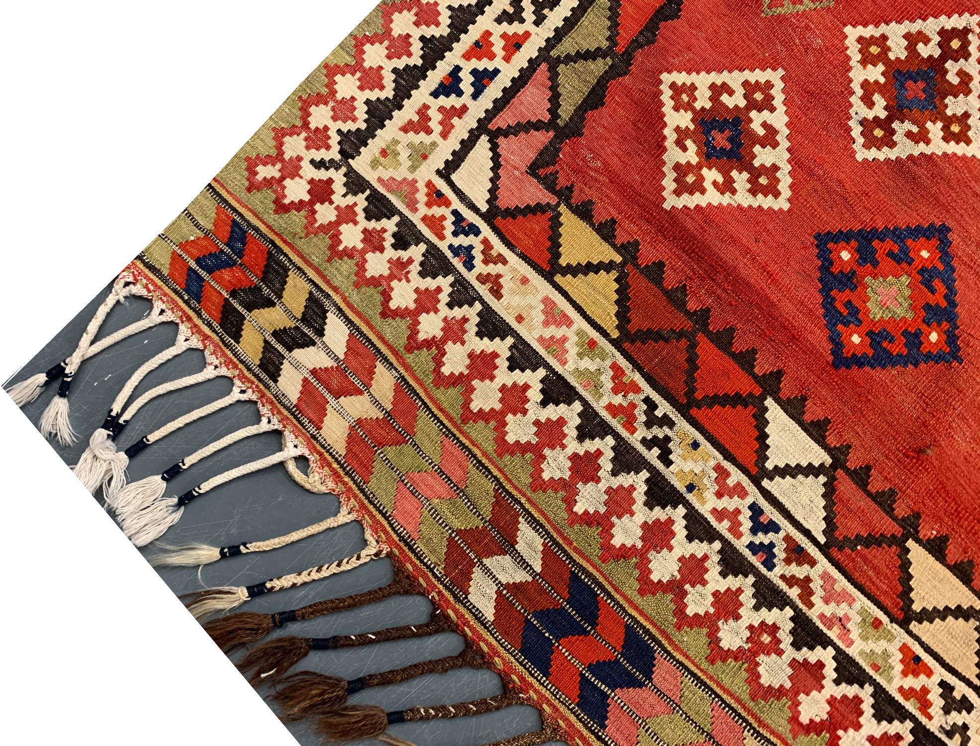 Hand-Knotted Rust Wool Geometric Kilim Rug, Handmade Oriental Flat-Woven Carpet For Sale