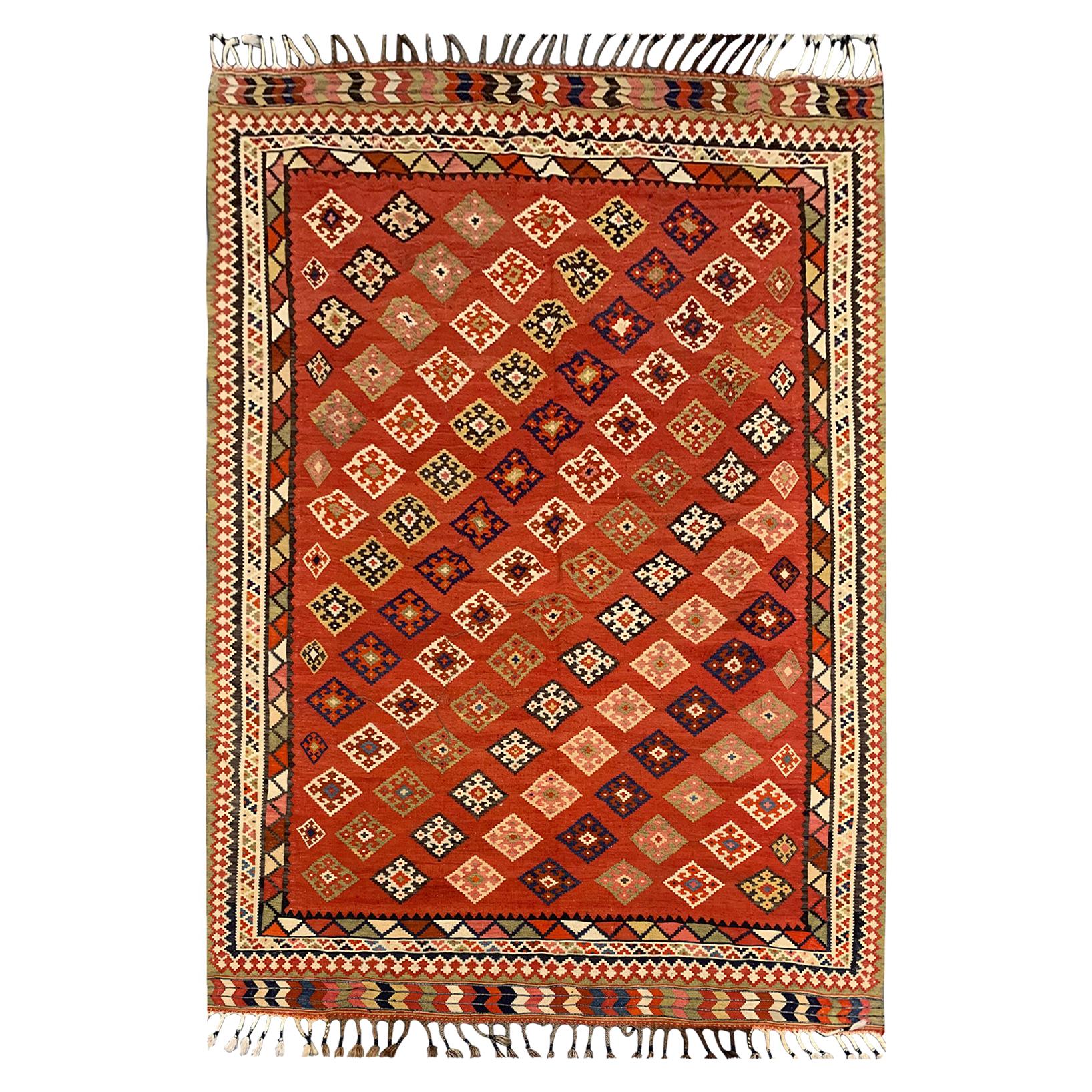 Rust Wool Geometric Kilim Rug, Handmade Oriental Flat-Woven Carpet