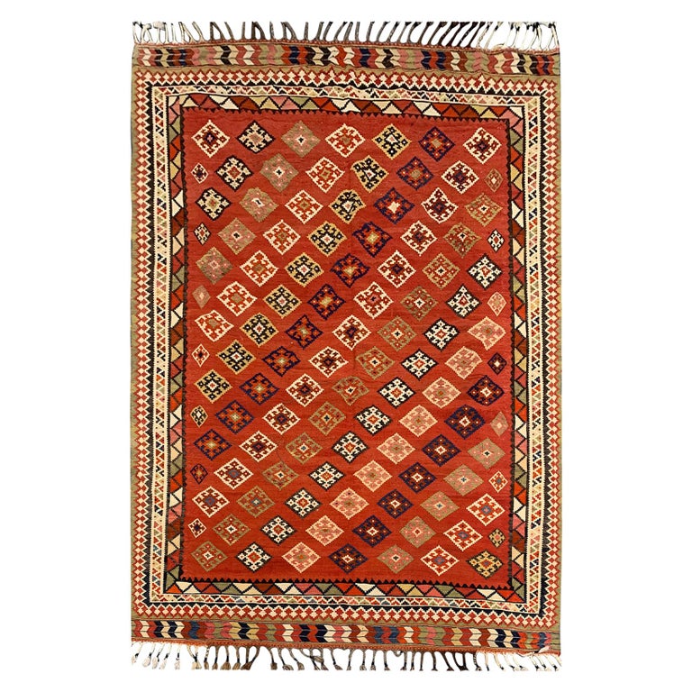 Rust Wool Geometric Kilim Rug, Handmade Oriental Flat-Woven Carpet For Sale  at 1stDibs
