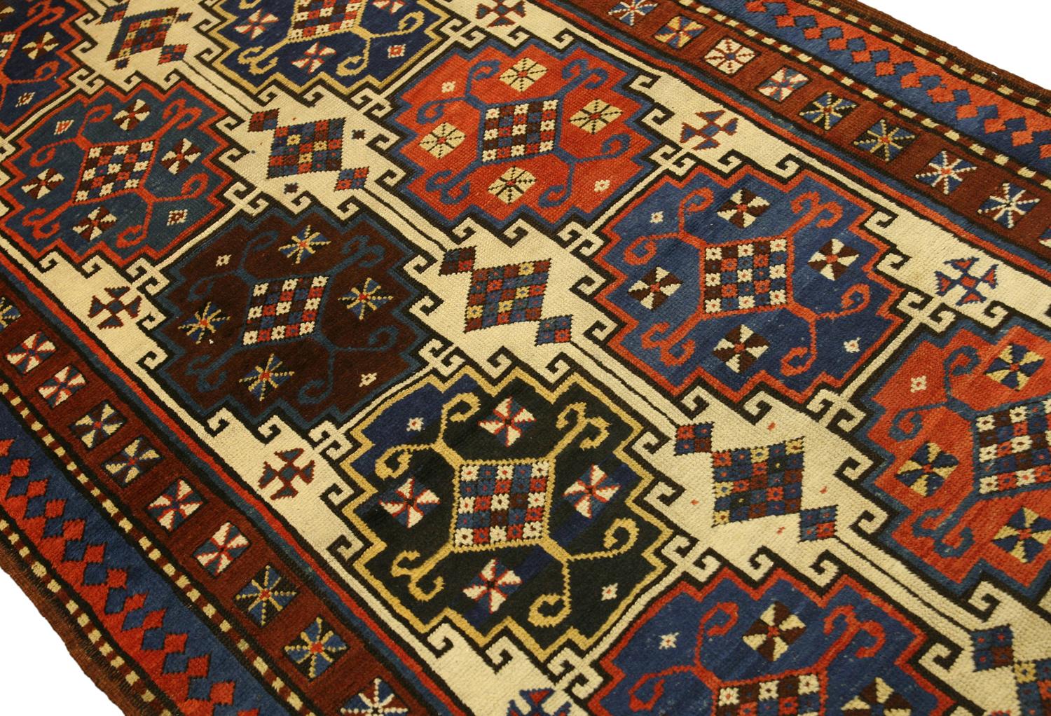 Caucasian Kazak Rust&Beige Wool Antique Fine Moghan Rug, 1880-1900 In Good Condition For Sale In Ferrara, IT