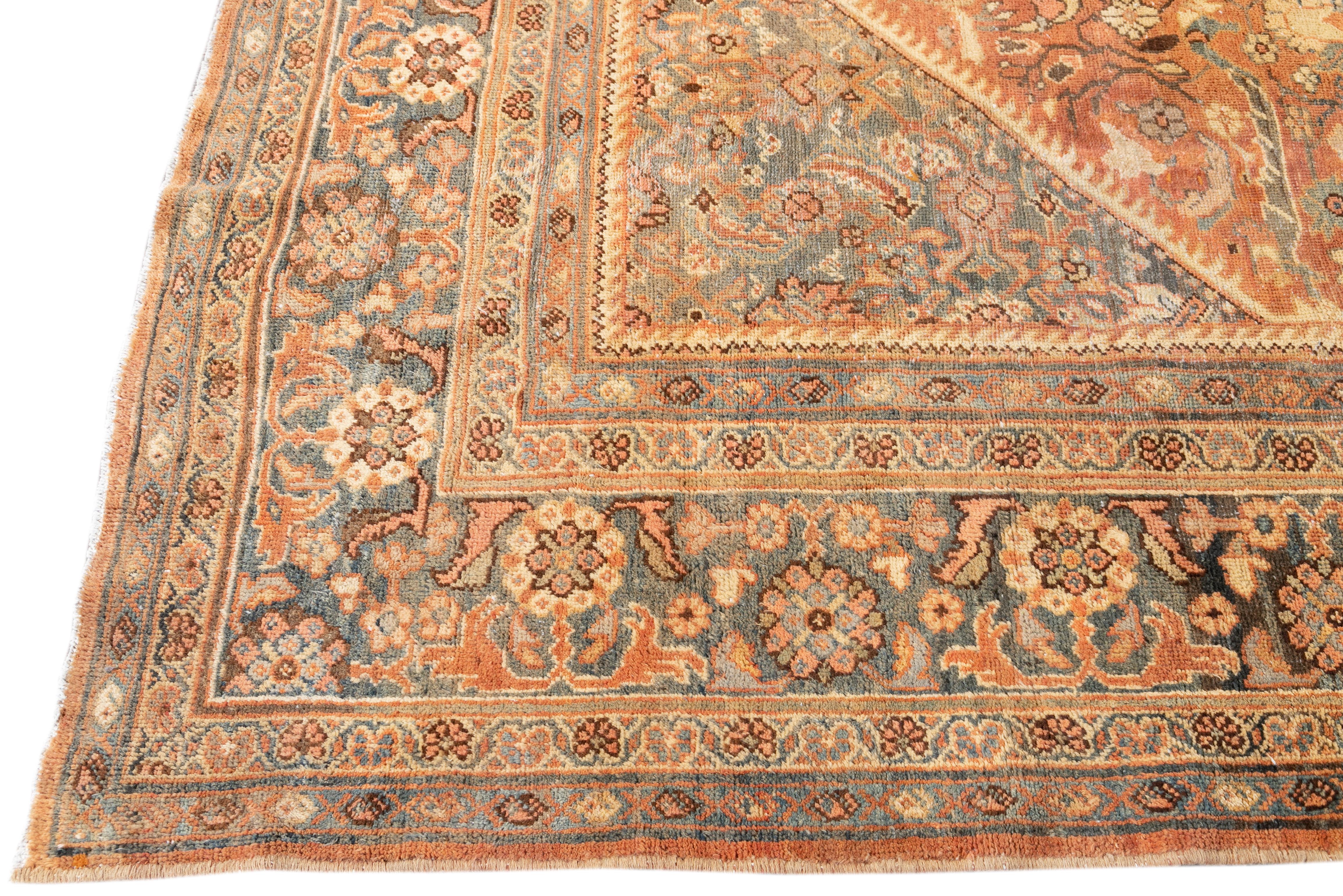Indian Rusted Antique Mahal Handmade Allover Floral Motif Wool Rug For Sale