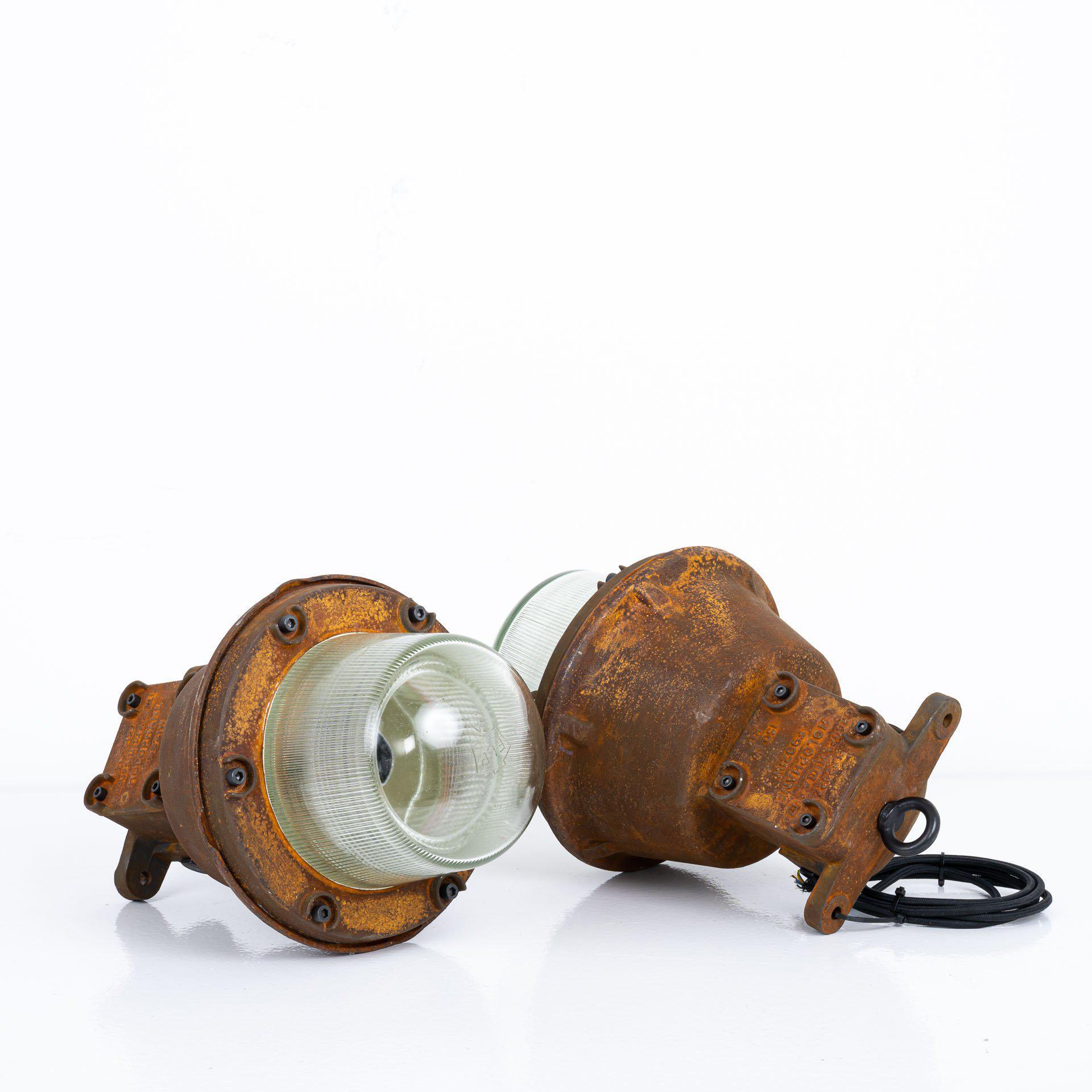British Rusted Explosionproof Industrial Pendant Lights by Holophane For Sale