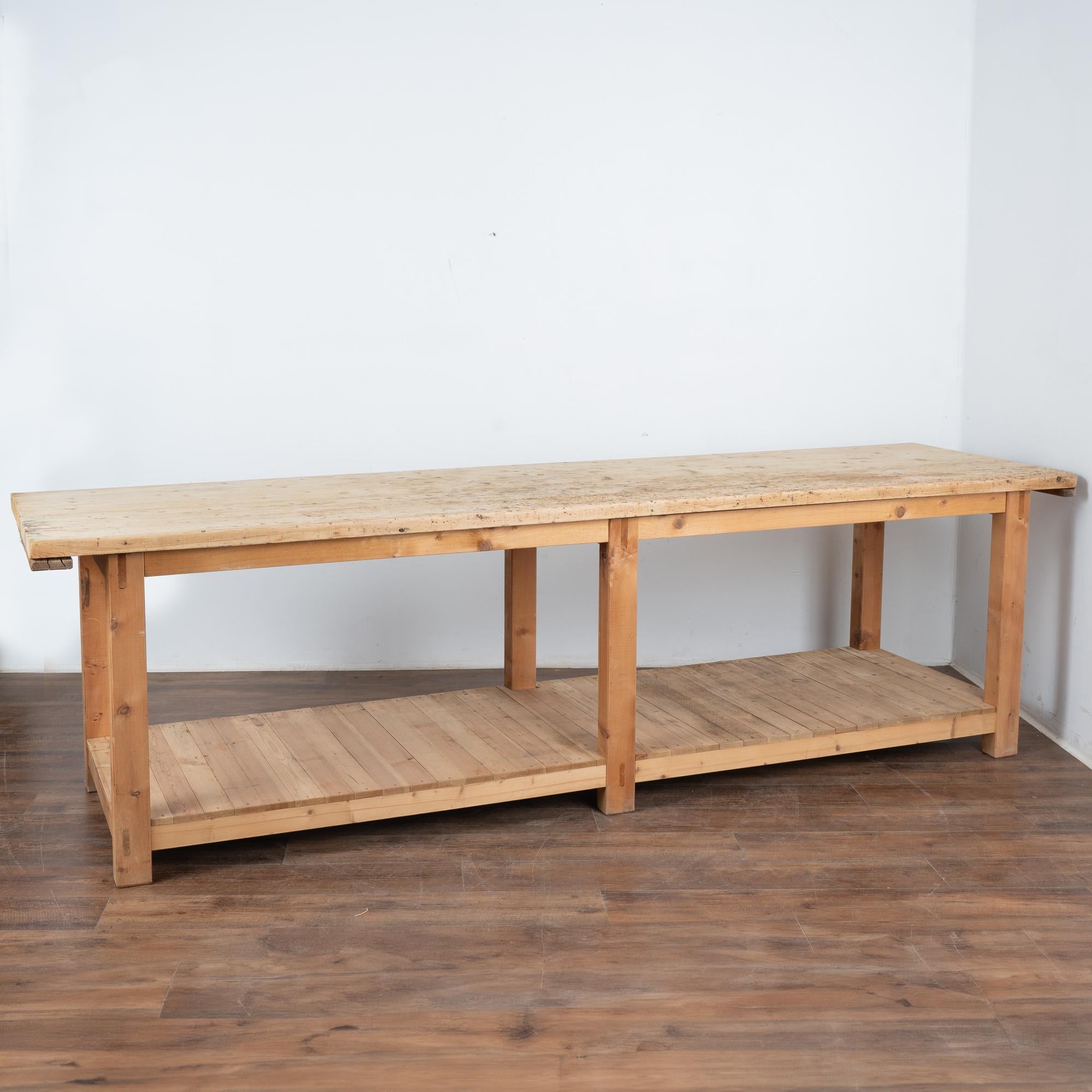 Rustic 10' Long Work Table Kitchen Island With Shelf, Hungary circa 1900 For Sale 11