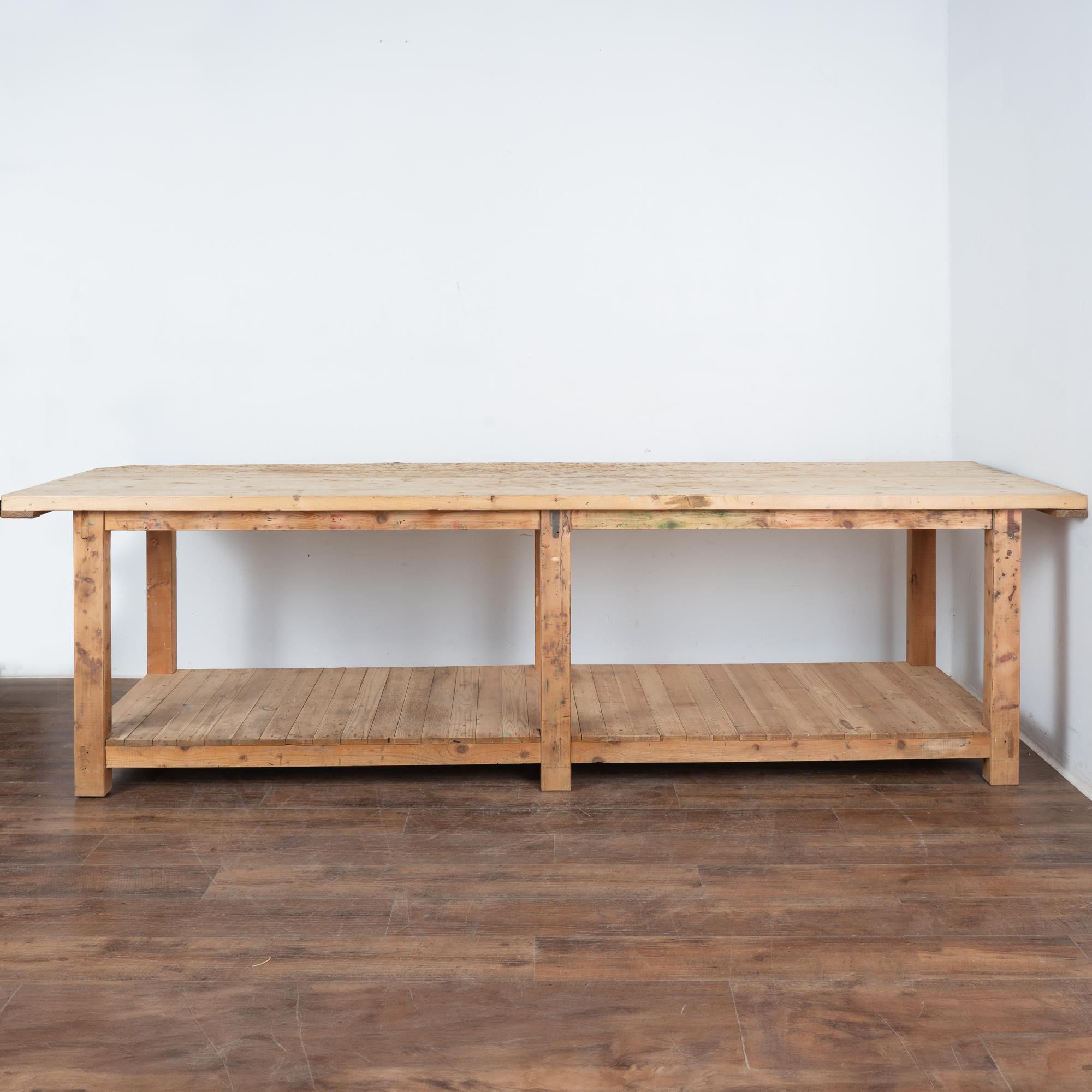 Hungarian Rustic 10' Long Work Table Kitchen Island With Shelf, Hungary circa 1900 For Sale