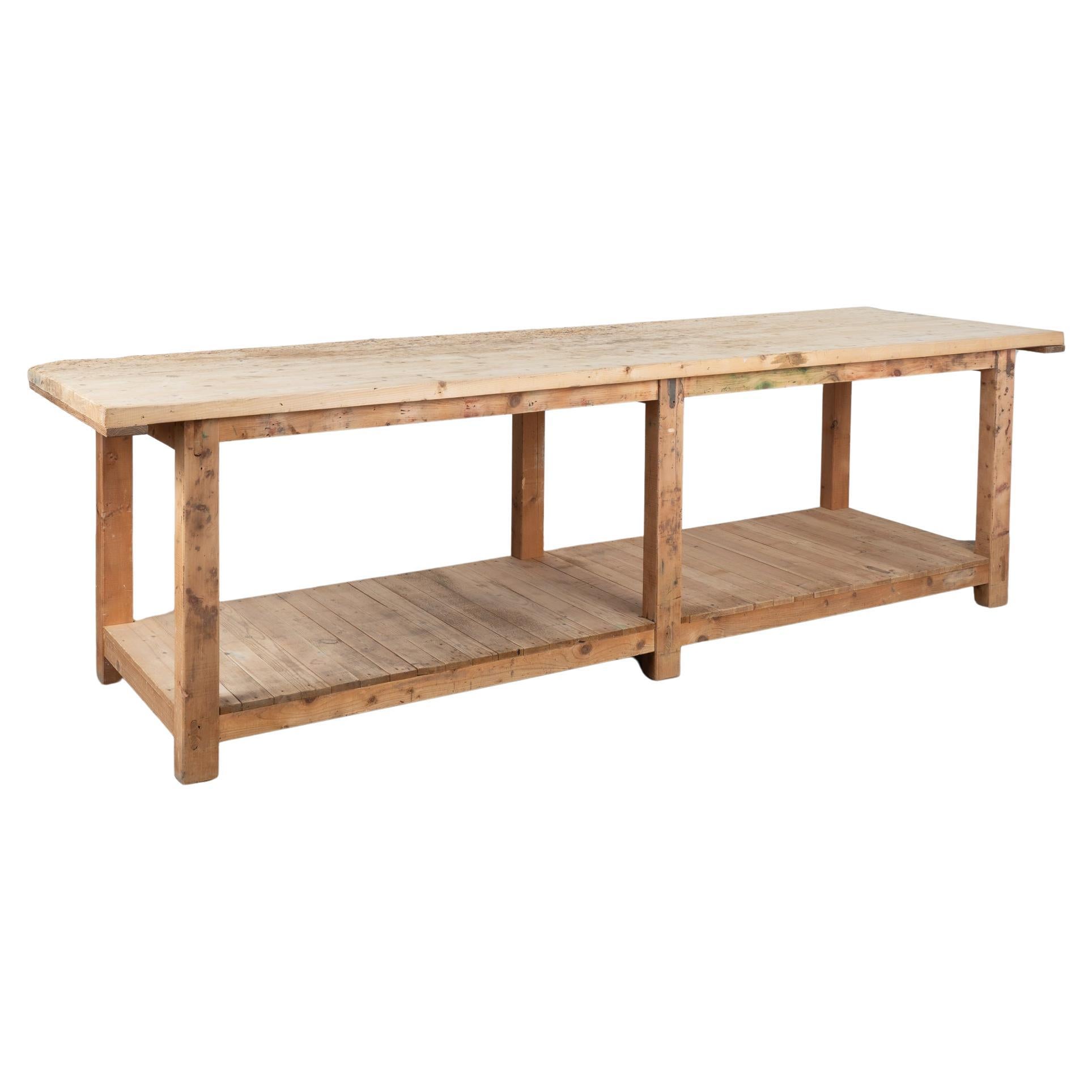 Rustic 10' Long Work Table Kitchen Island With Shelf, Hungary circa 1900 For Sale