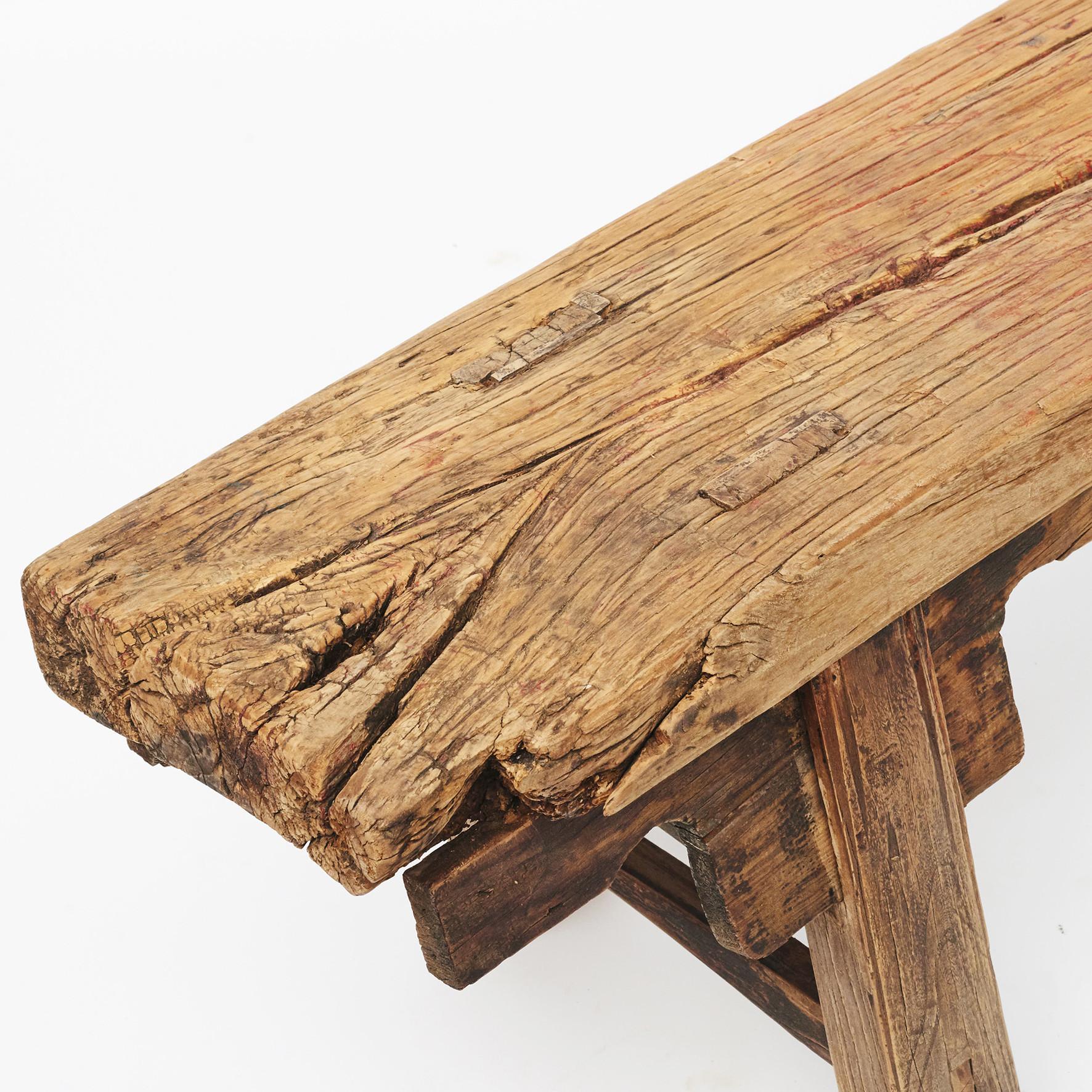 17th-18th century Chinese pine bench. Seat one-piece of wood.
Original condition, time has given the bench a very cool rustic look with a raw finish.
From Shanxi Province, China.