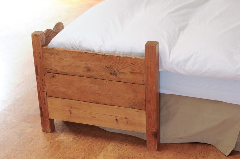 Rustic 1840s Scandinavian Fir Bed with Custom Mattress and Box Spring
