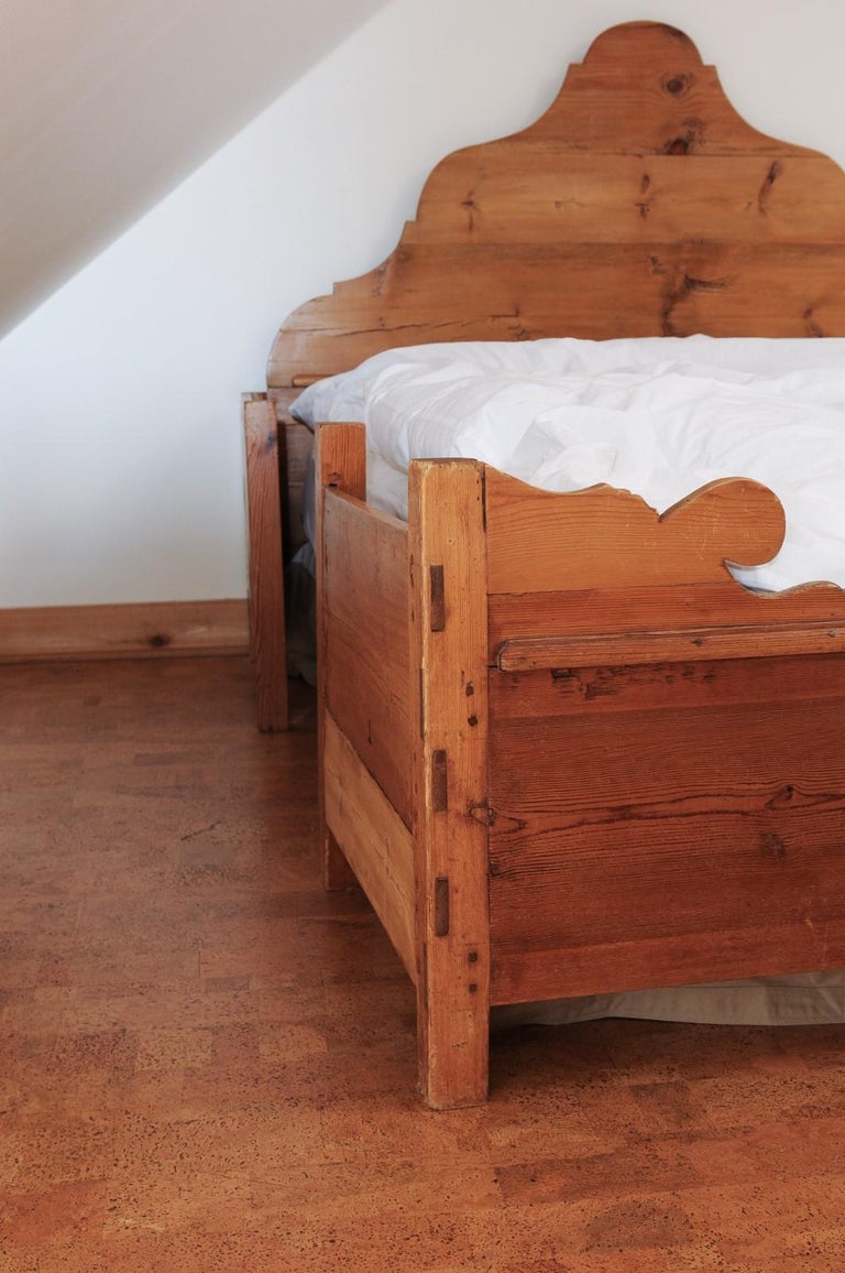 Rustic 1840s Scandinavian Fir Bed with Custom Mattress and Box Spring