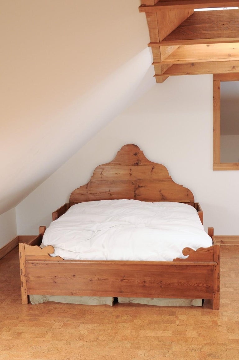 Rustic 1840s Scandinavian Fir Bed with Custom Mattress and Box Spring