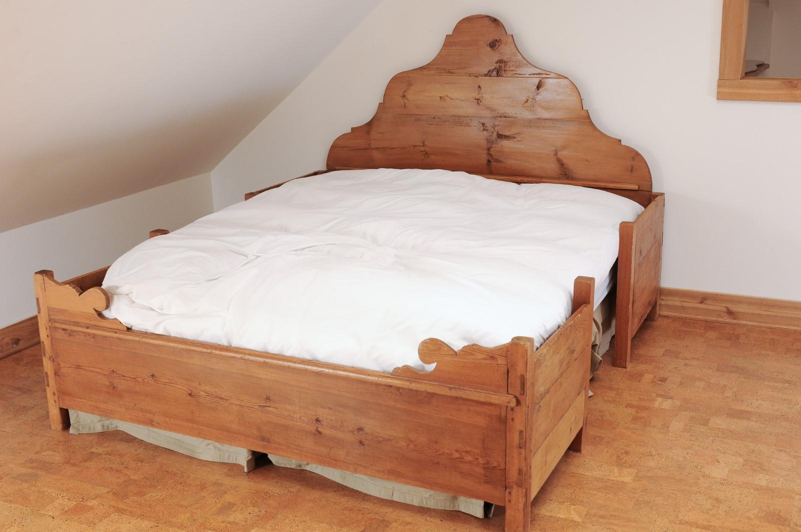 Rustic 1840s Scandinavian Fir Bed with Custom Mattress and Box Spring 1