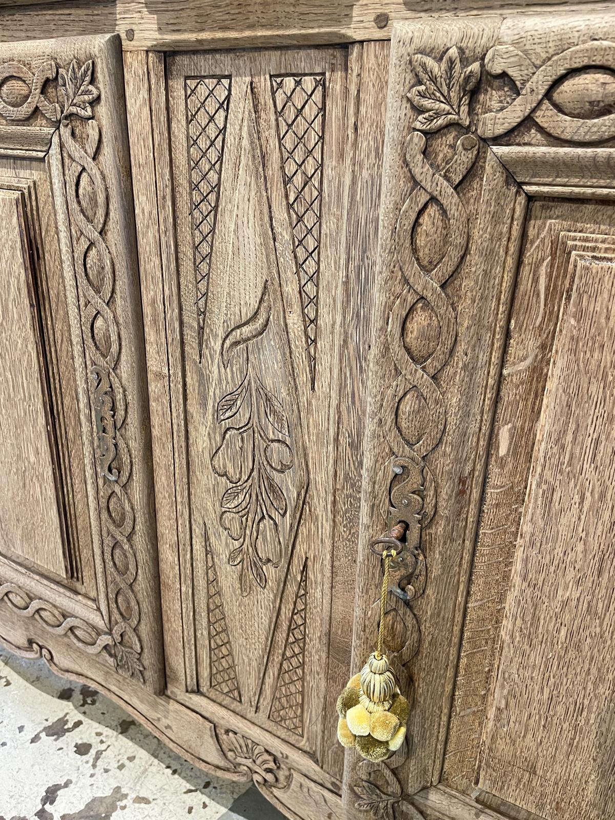 Rustic 18th C French Oak Buffet with Carved Details & Iron Hardware 1