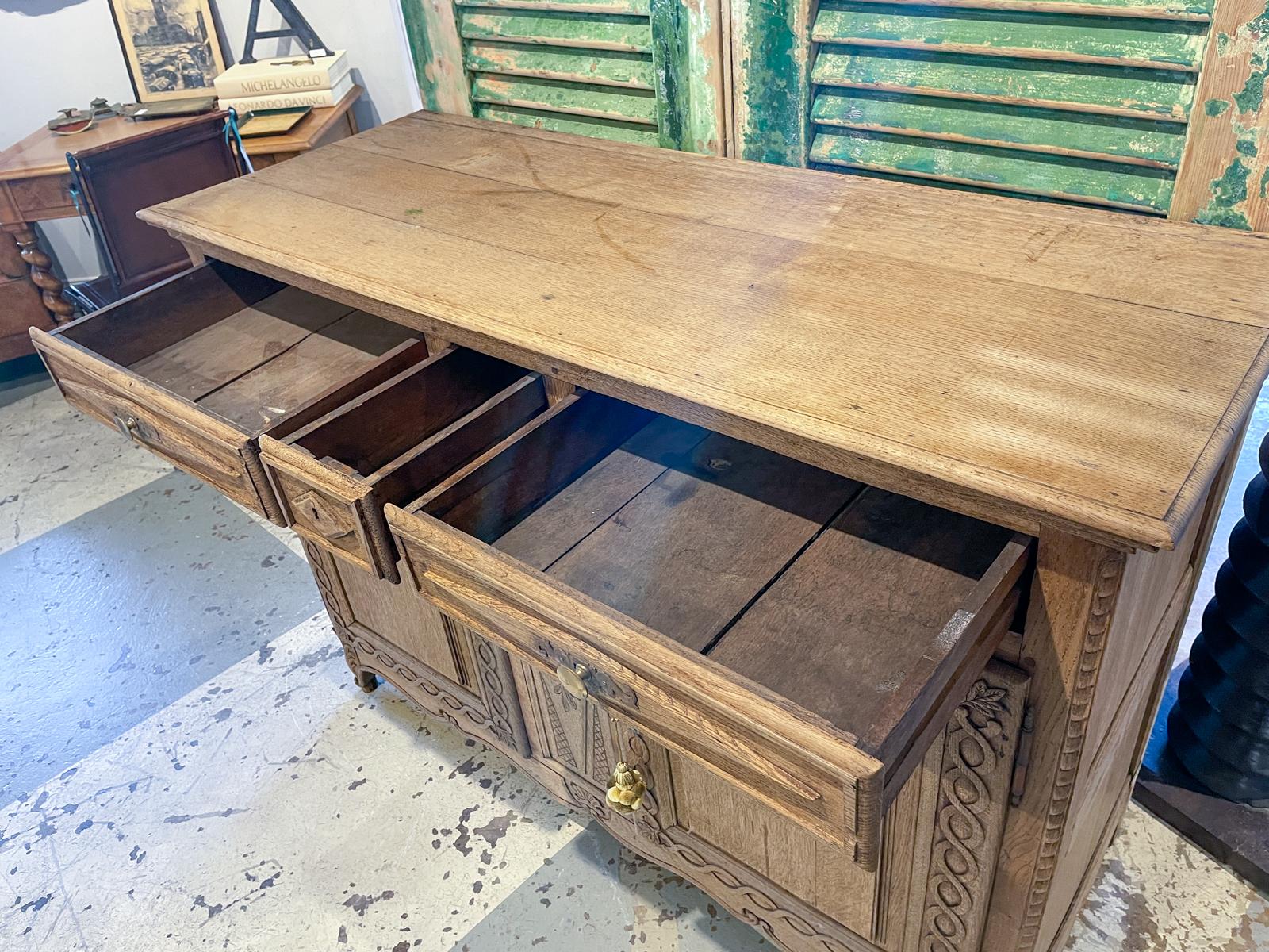 Rustic 18th C French Oak Buffet with Carved Details & Iron Hardware 4