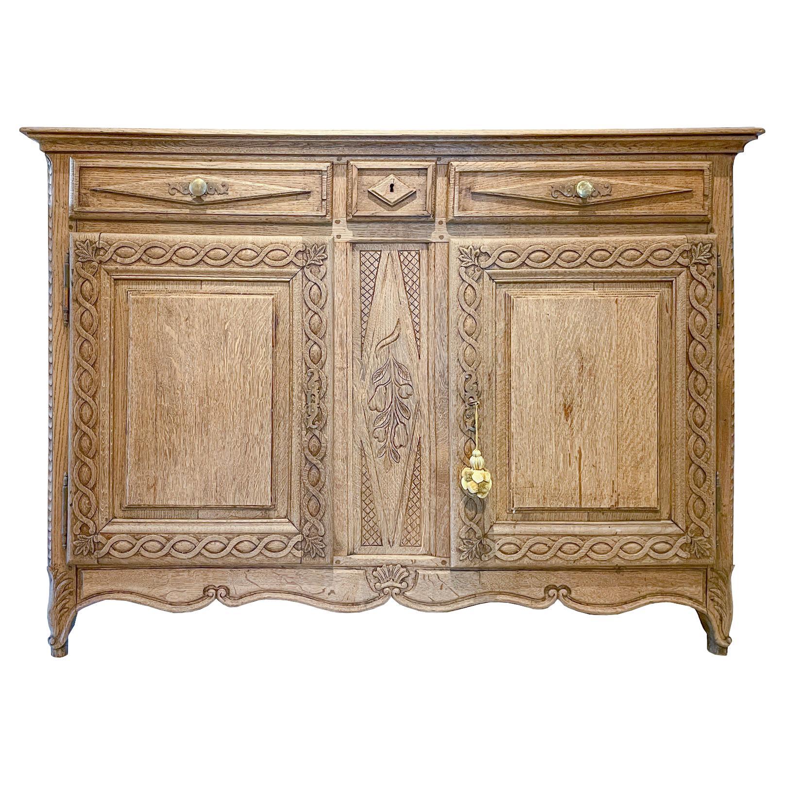 Rustic 18th C French Oak Buffet with Carved Details & Iron Hardware