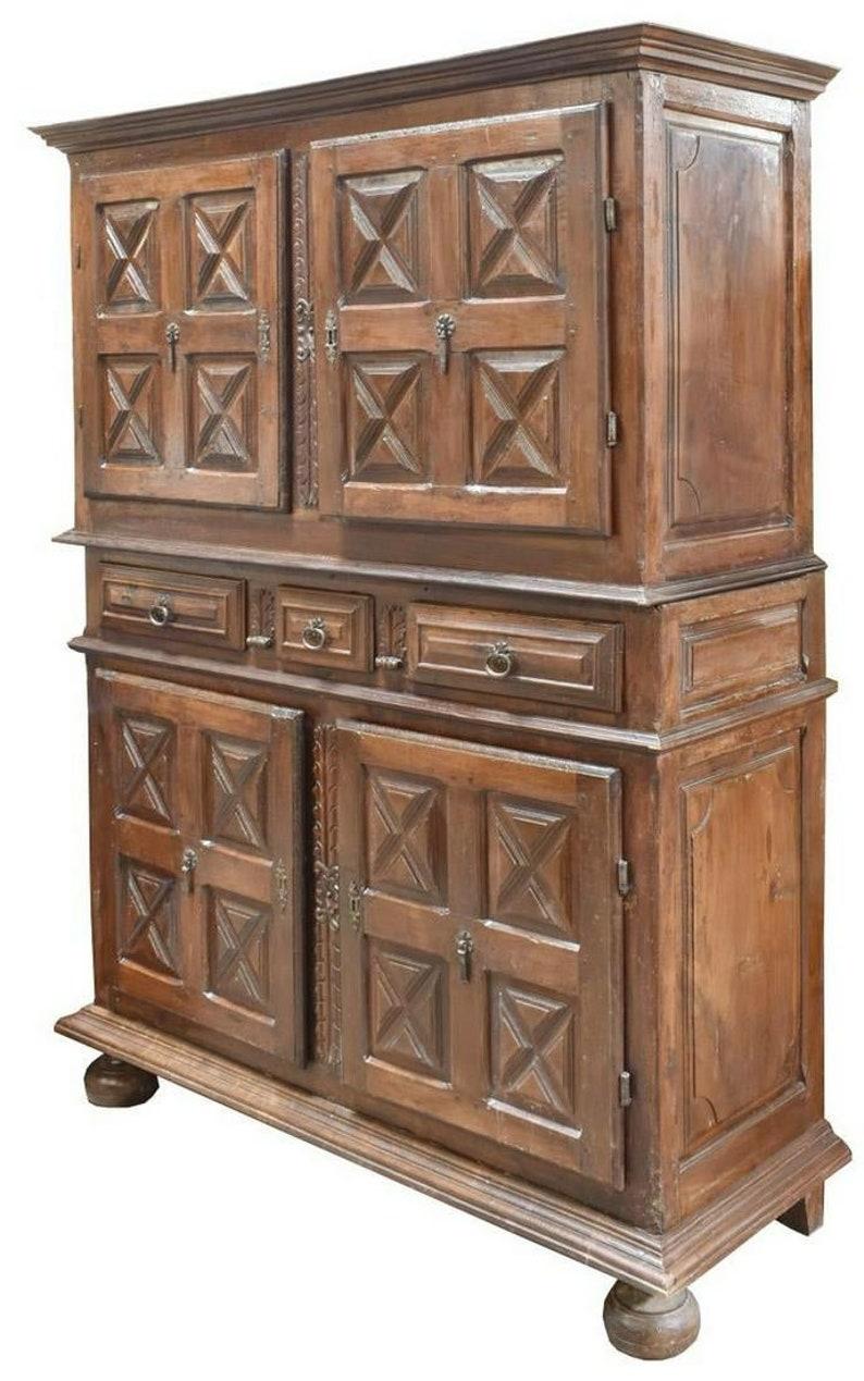 Hand-Carved Rustic Antique Spanish Baroque Carved & Paneled Oak Four Door Cabinet  For Sale