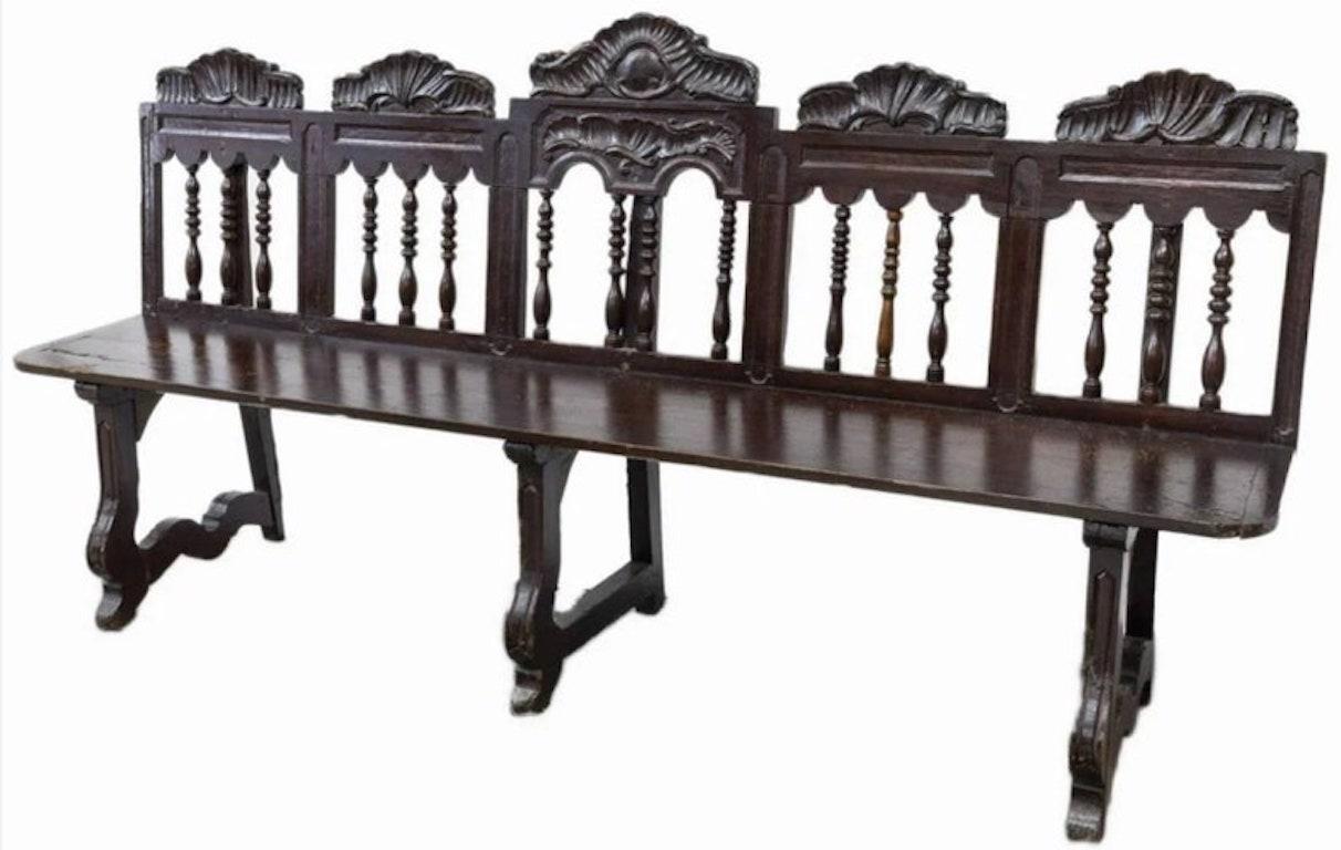 Spanish Colonial Rustic 18th Century Spanish Hand Carved Walnut Long Bench For Sale
