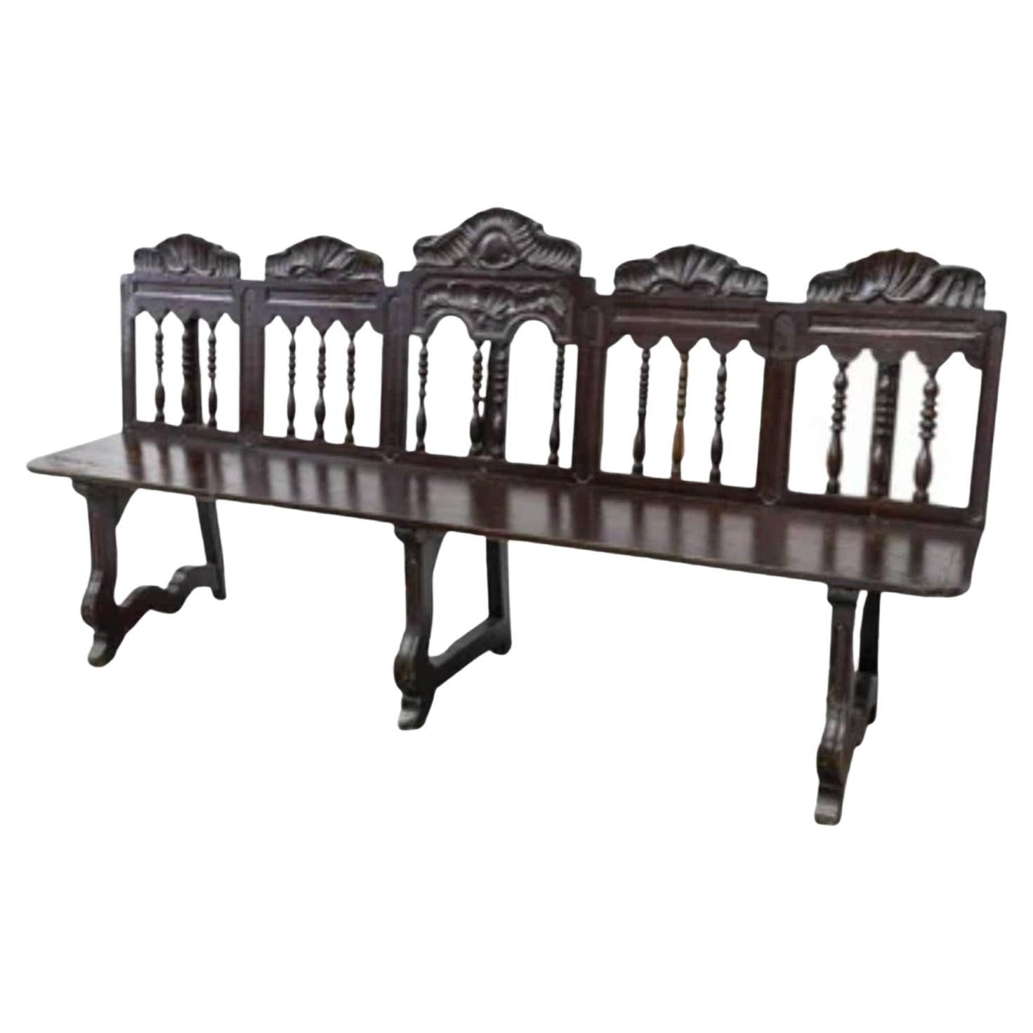 Rustic 18th Century Spanish Hand Carved Walnut Long Bench For Sale