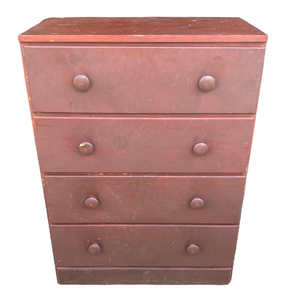 Simple and efficient early 1900s dresser. Rustic charm with amazing patina from age and use. Oxblood paint finish has achieved the perfect appearance. Four spacious drawers operate as they should. Solid and well constructed.