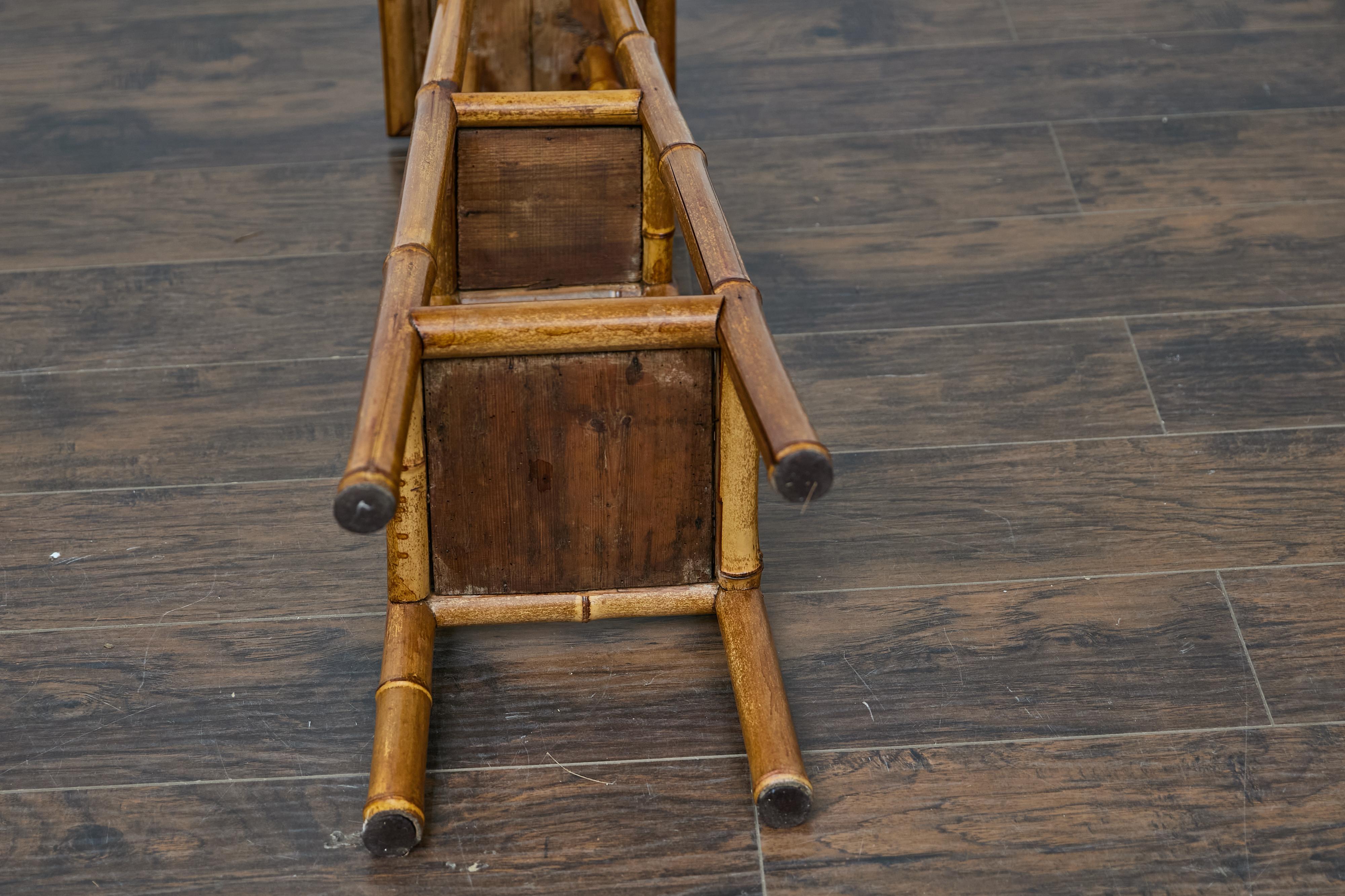 Rustic 1920s English Walnut Faux Bamboo Stand with Rattan Top and Two Shelves For Sale 7