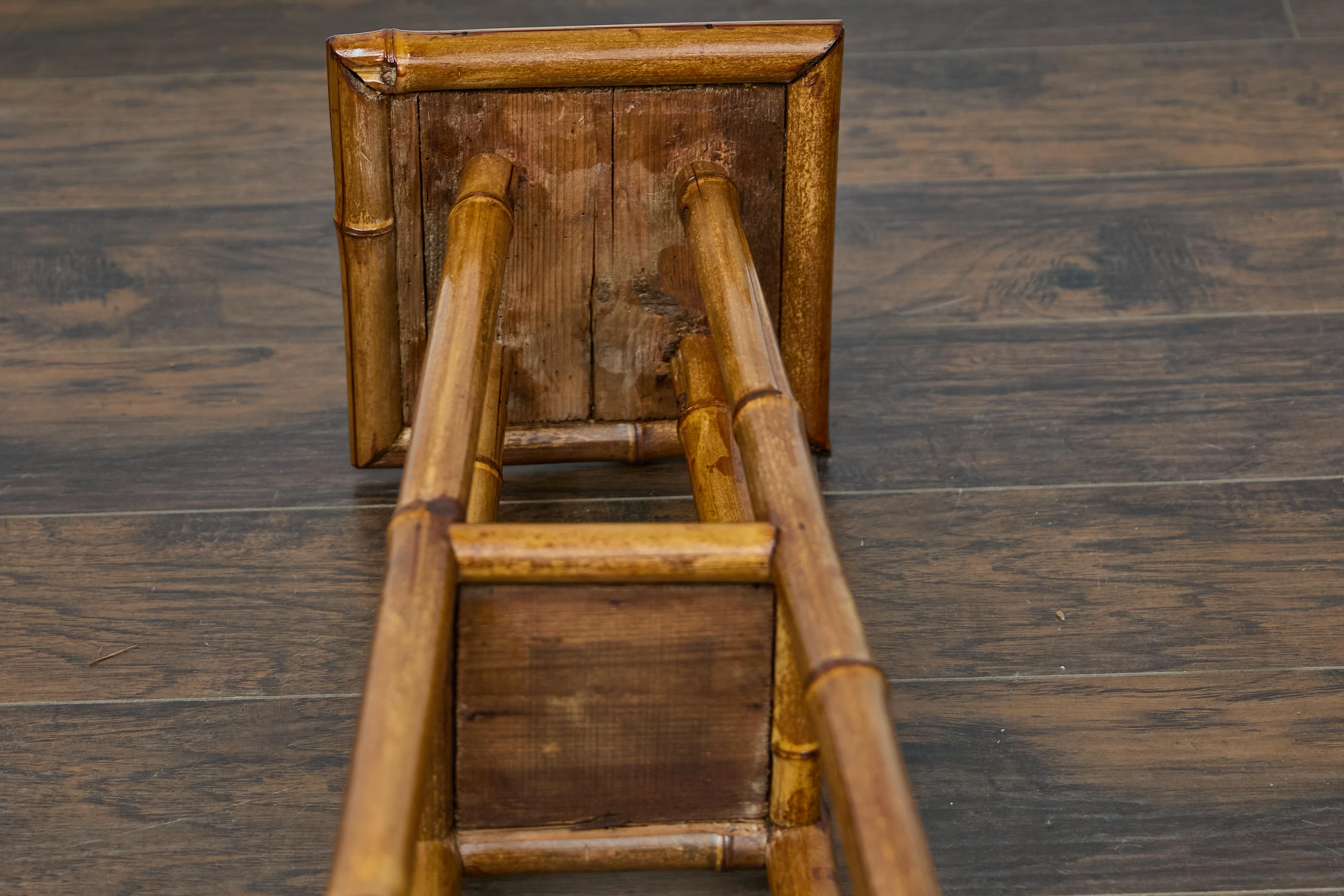 Rustic 1920s English Walnut Faux Bamboo Stand with Rattan Top and Two Shelves For Sale 8