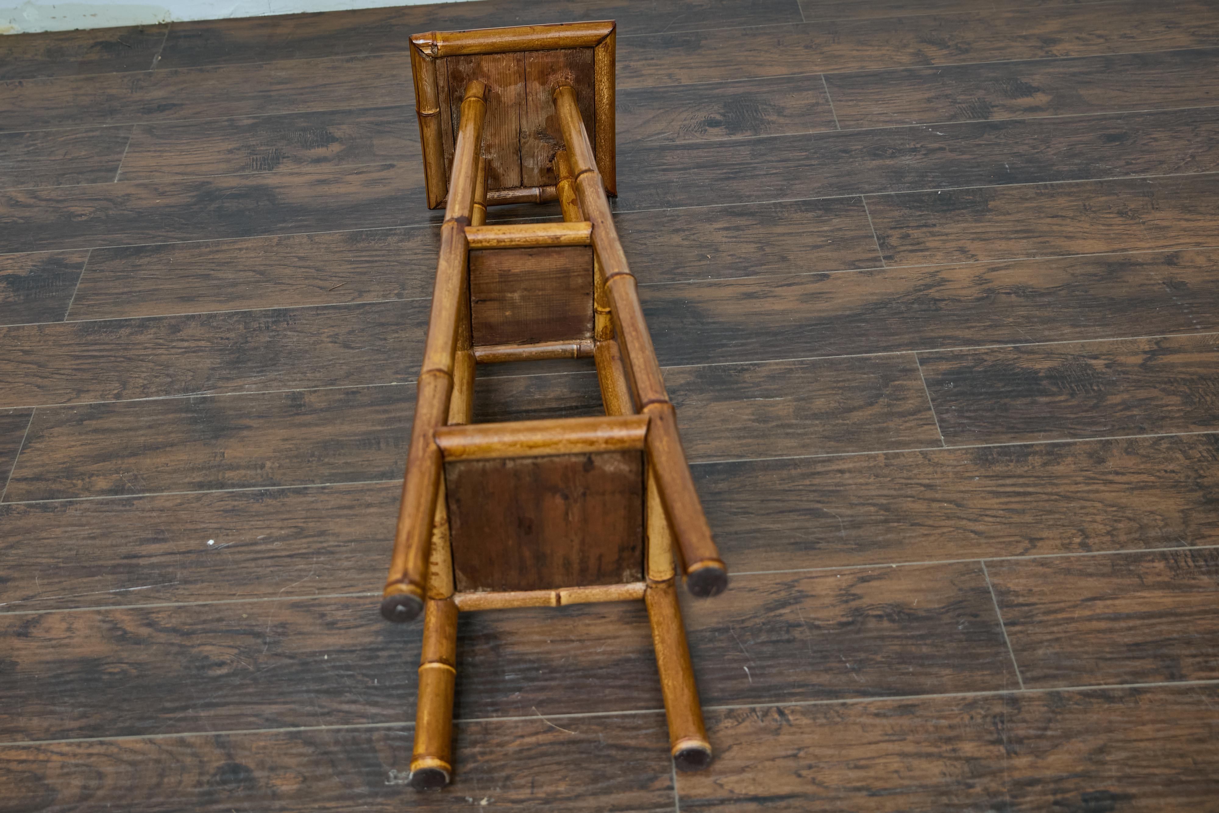 Rustic 1920s English Walnut Faux Bamboo Stand with Rattan Top and Two Shelves For Sale 9