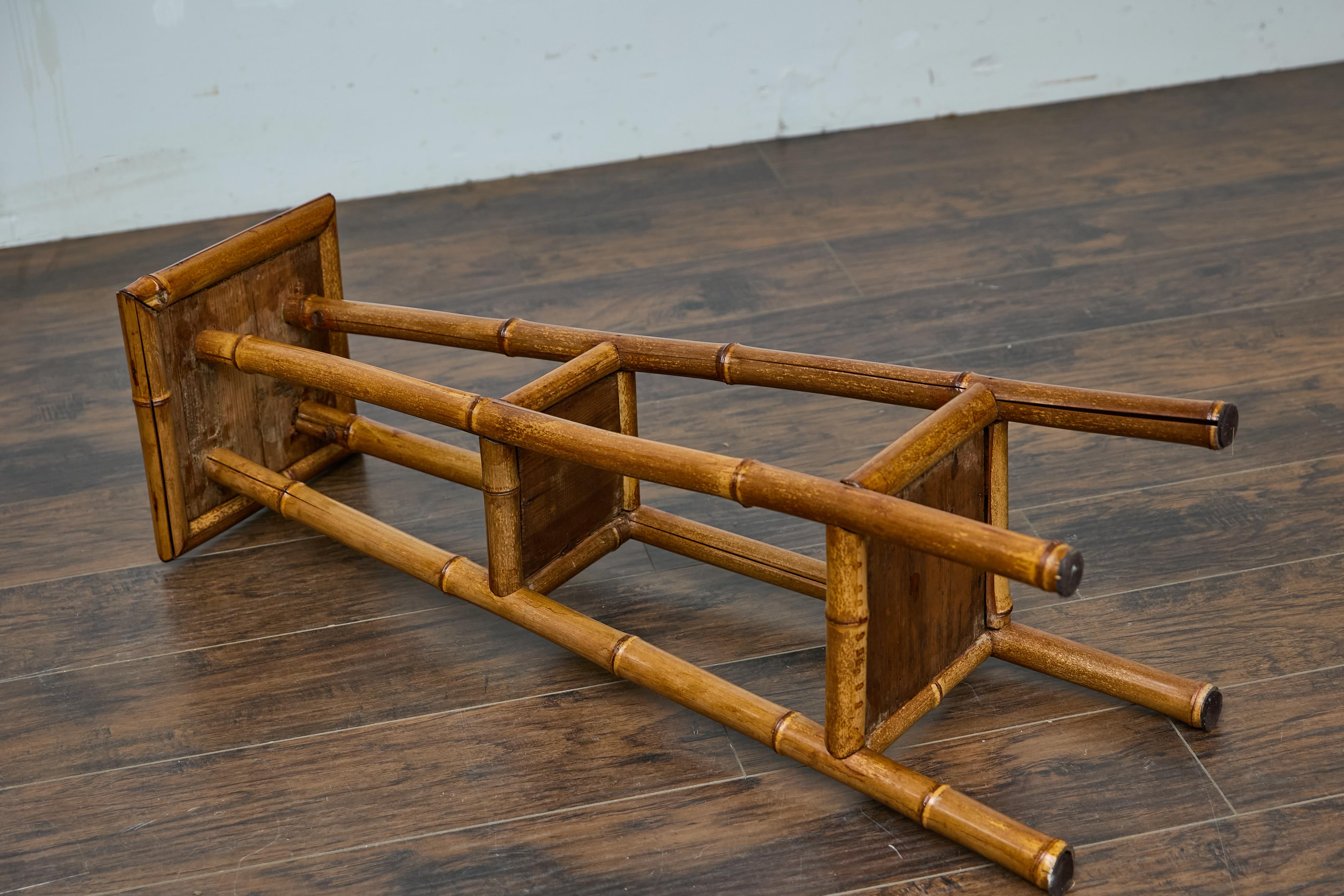 Rustic 1920s English Walnut Faux Bamboo Stand with Rattan Top and Two Shelves For Sale 10