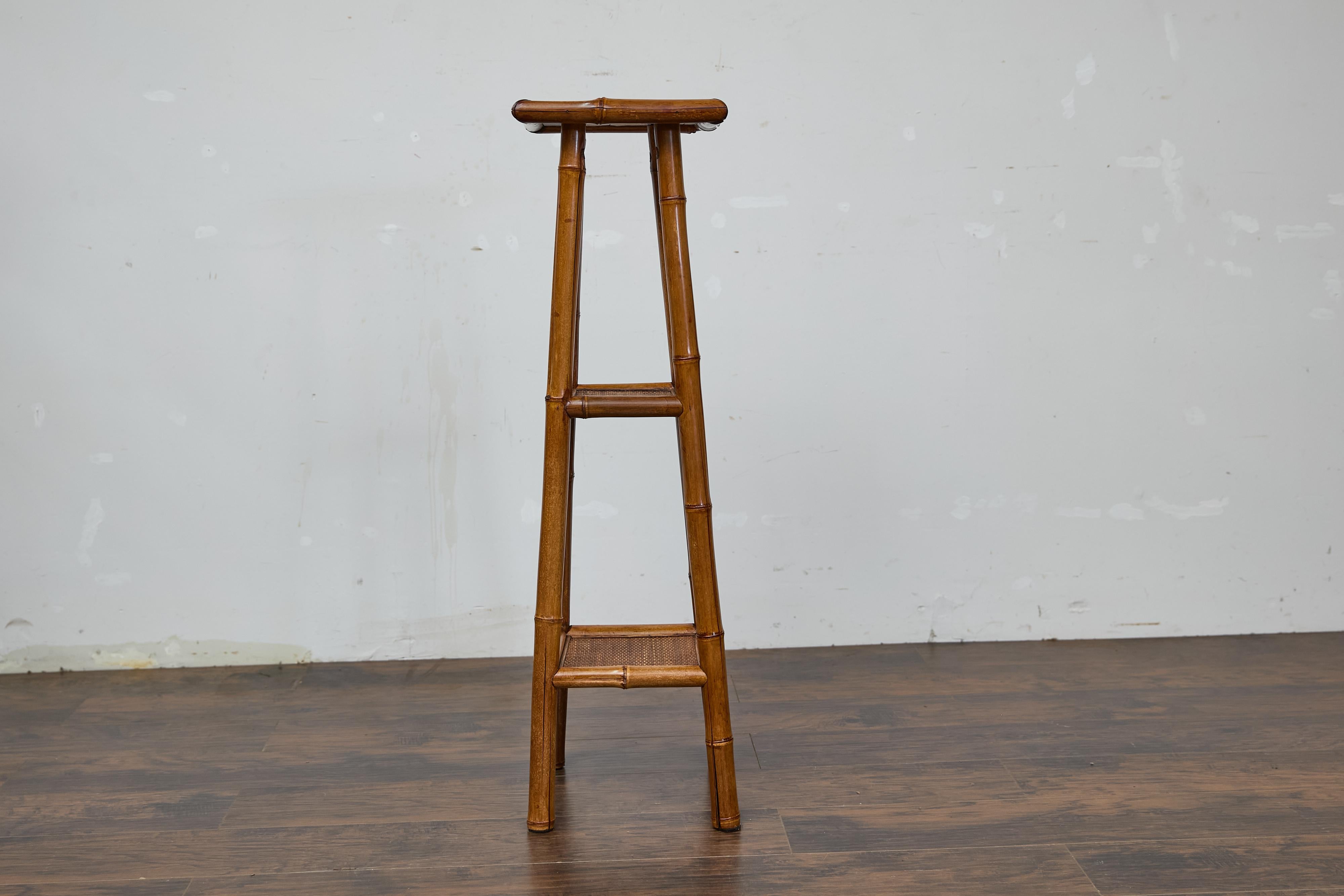 Rustic 1920s English Walnut Faux Bamboo Stand with Rattan Top and Two Shelves For Sale 13