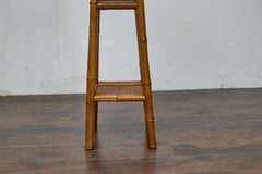 Rustic 1920s English Walnut Faux Bamboo Stand with Rattan Top and Two Shelves