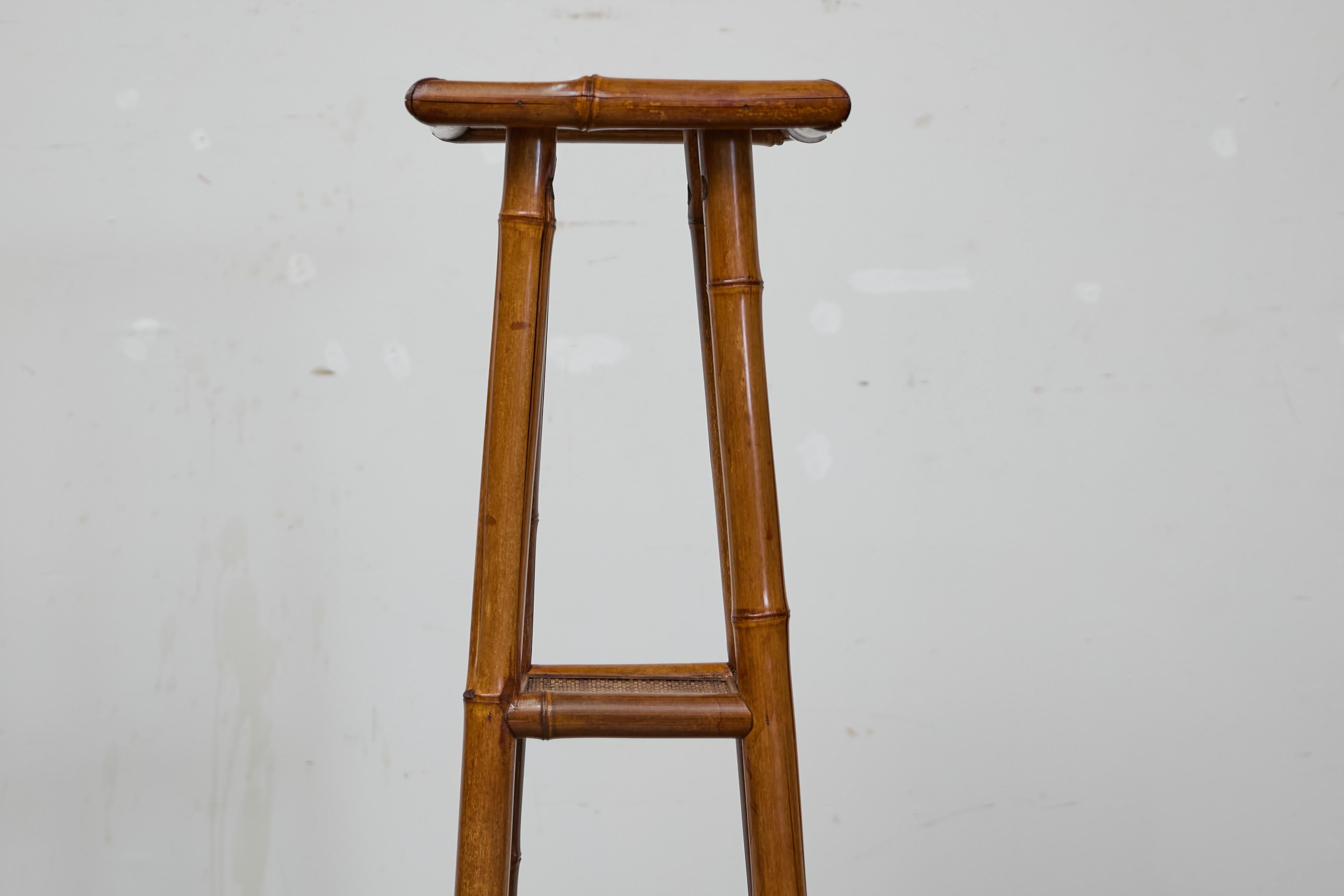 Rustic 1920s English Walnut Faux Bamboo Stand with Rattan Top and Two Shelves In Good Condition For Sale In Atlanta, GA