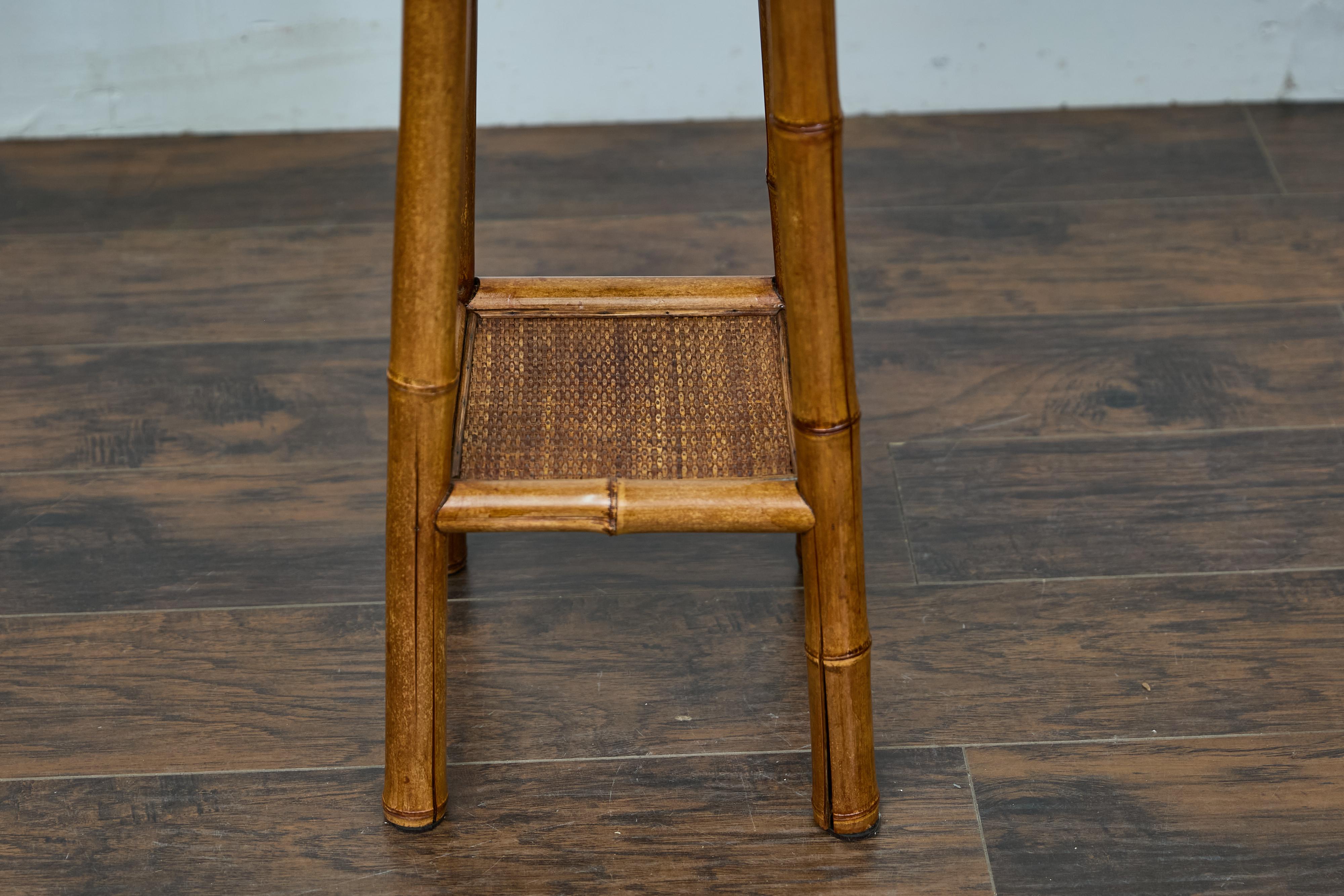 20th Century Rustic 1920s English Walnut Faux Bamboo Stand with Rattan Top and Two Shelves For Sale