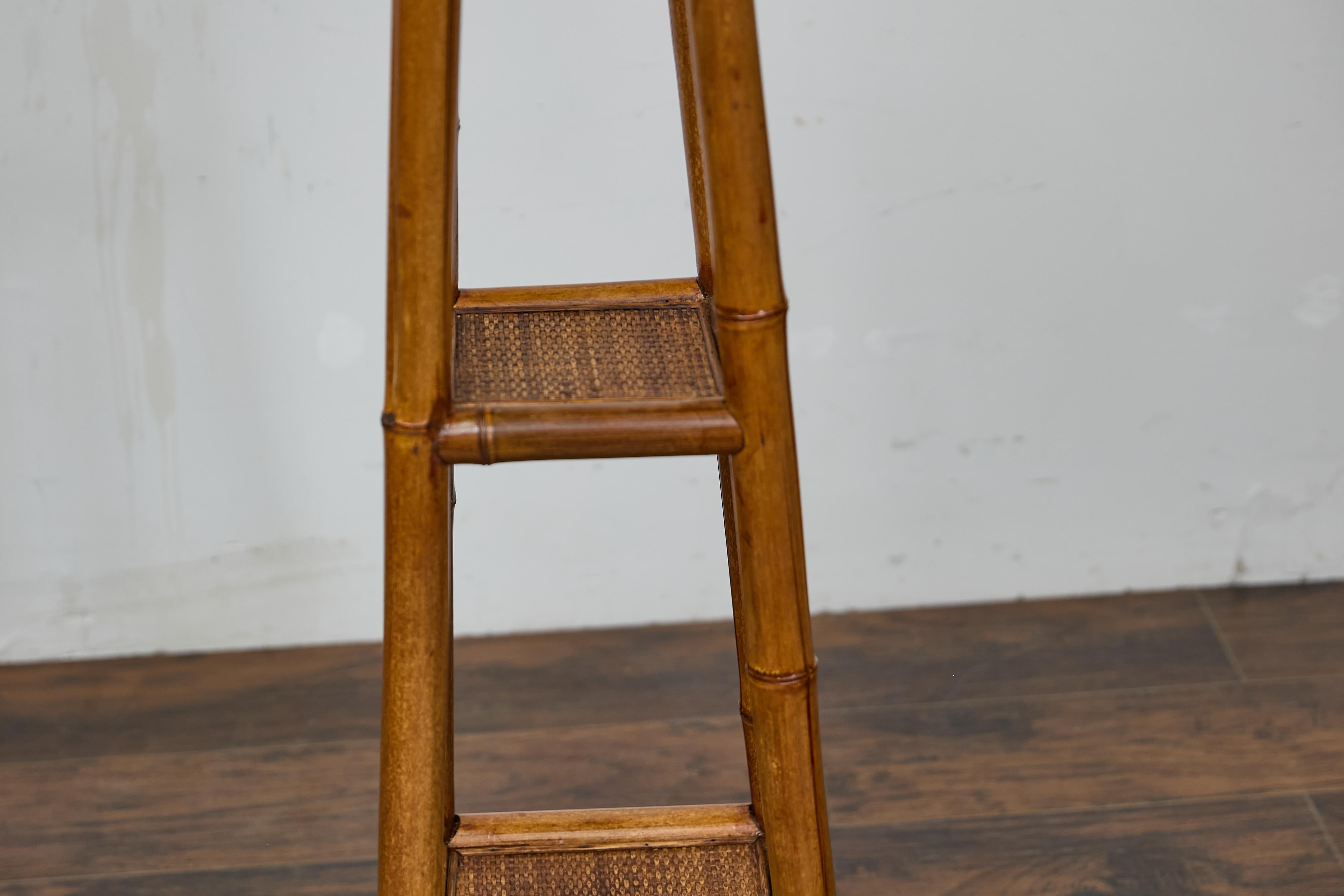 Rustic 1920s English Walnut Faux Bamboo Stand with Rattan Top and Two Shelves For Sale 1