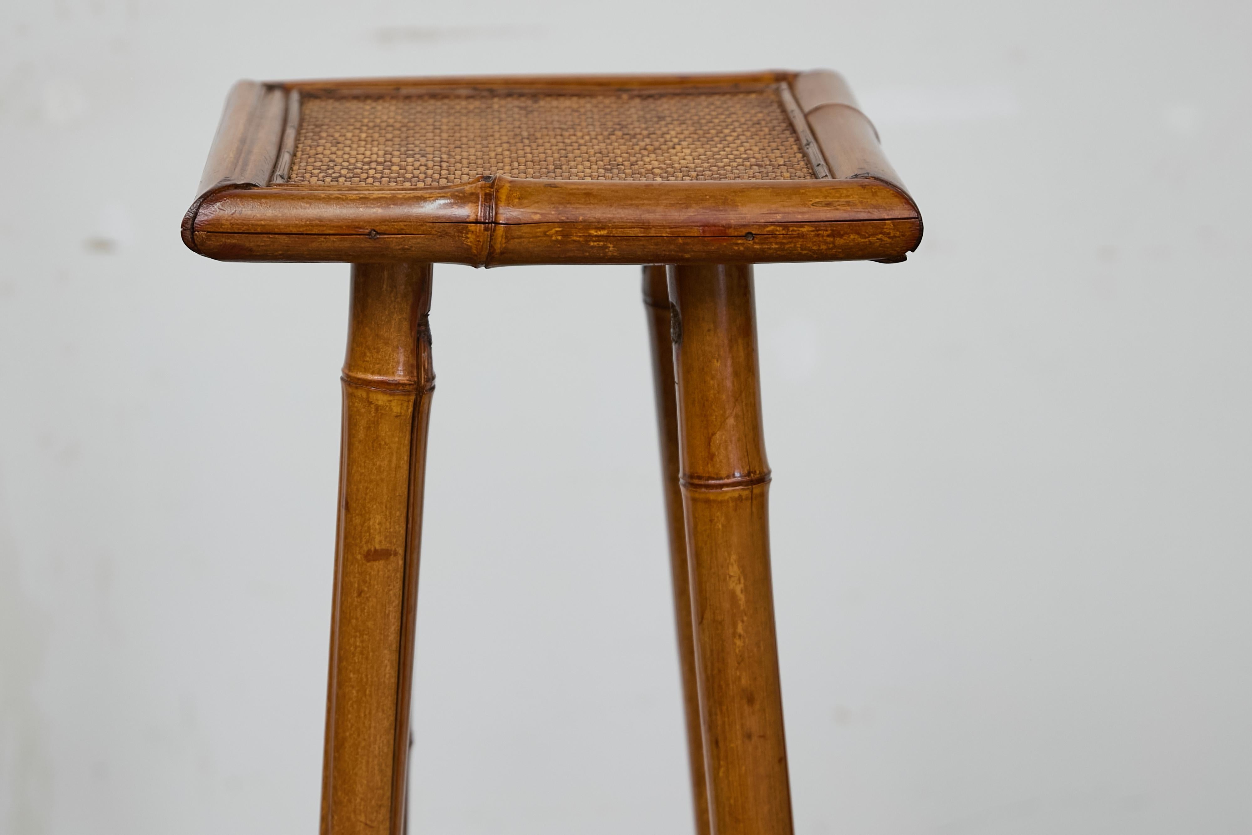 Rustic 1920s English Walnut Faux Bamboo Stand with Rattan Top and Two Shelves For Sale 2