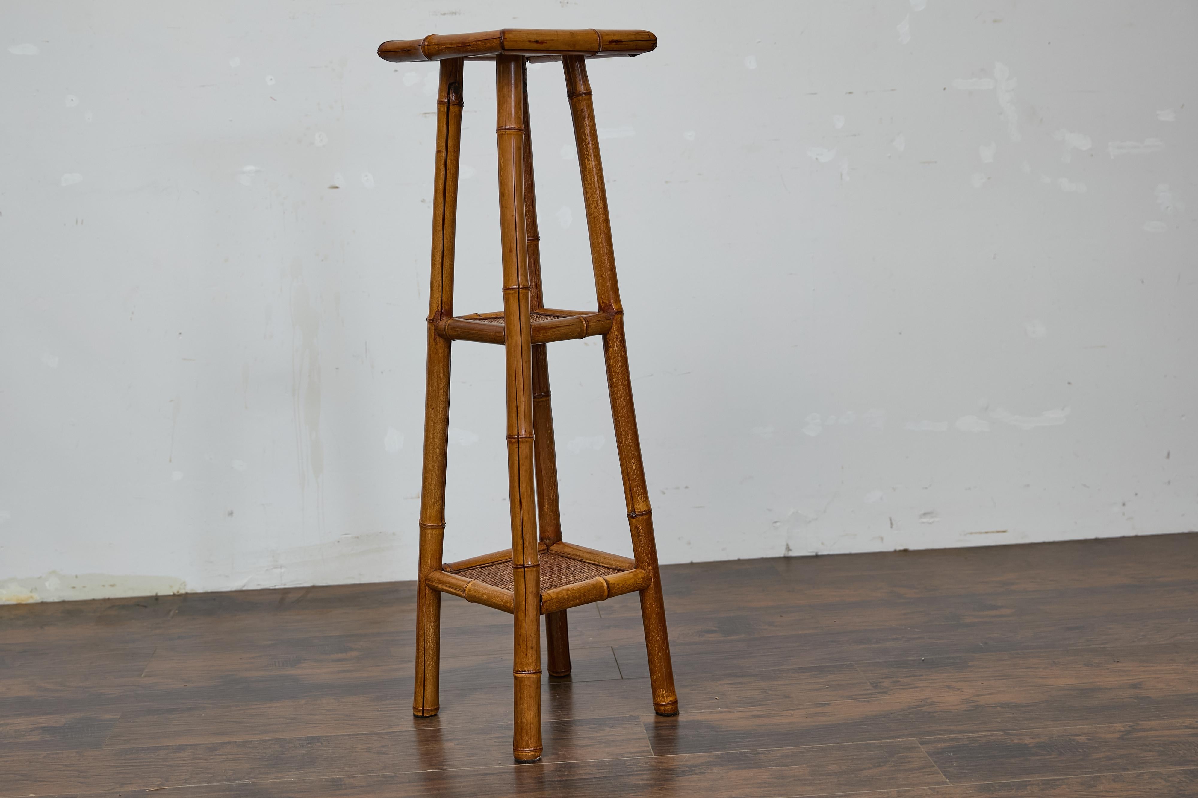 Rustic 1920s English Walnut Faux Bamboo Stand with Rattan Top and Two Shelves For Sale 3