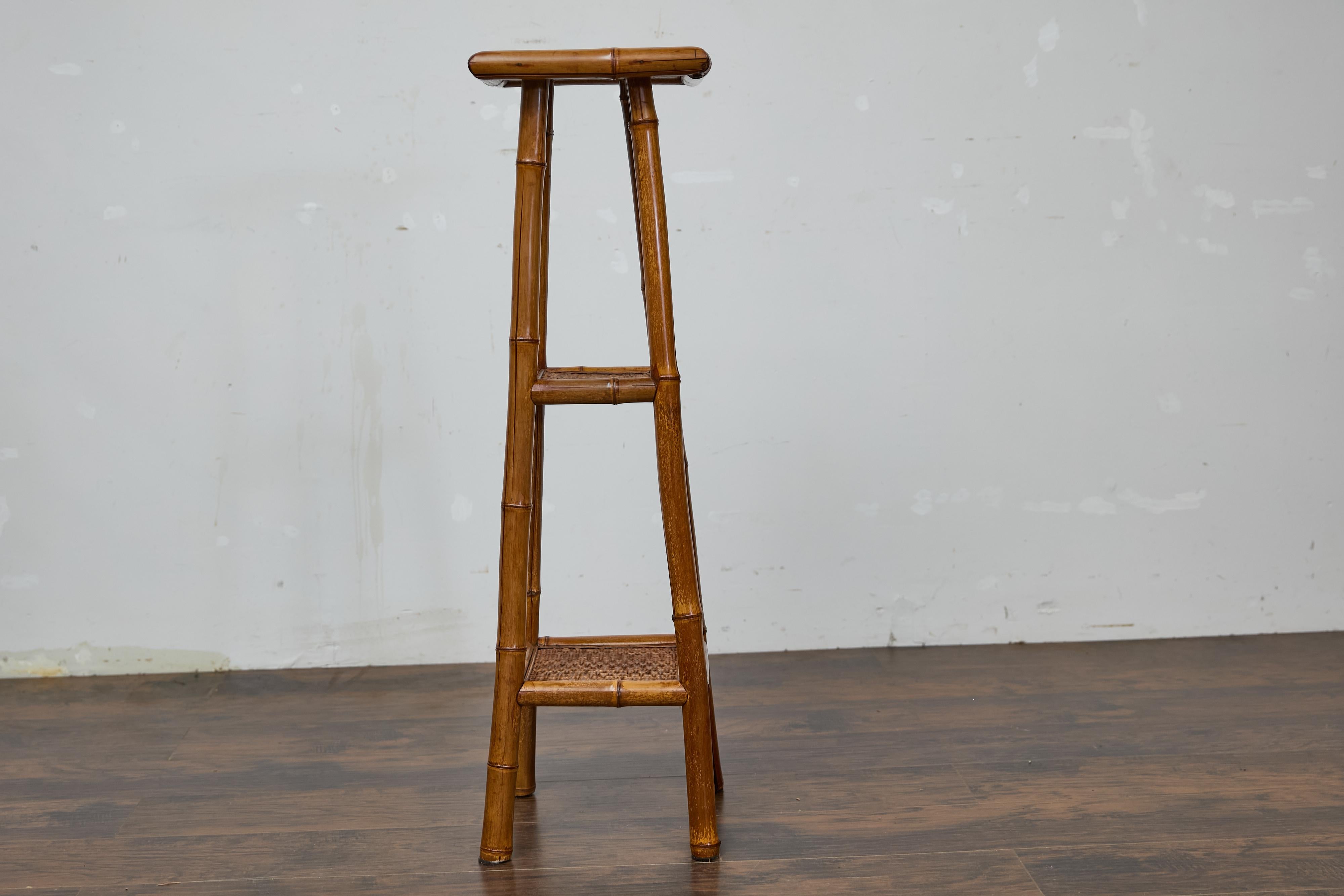 Rustic 1920s English Walnut Faux Bamboo Stand with Rattan Top and Two Shelves For Sale 4