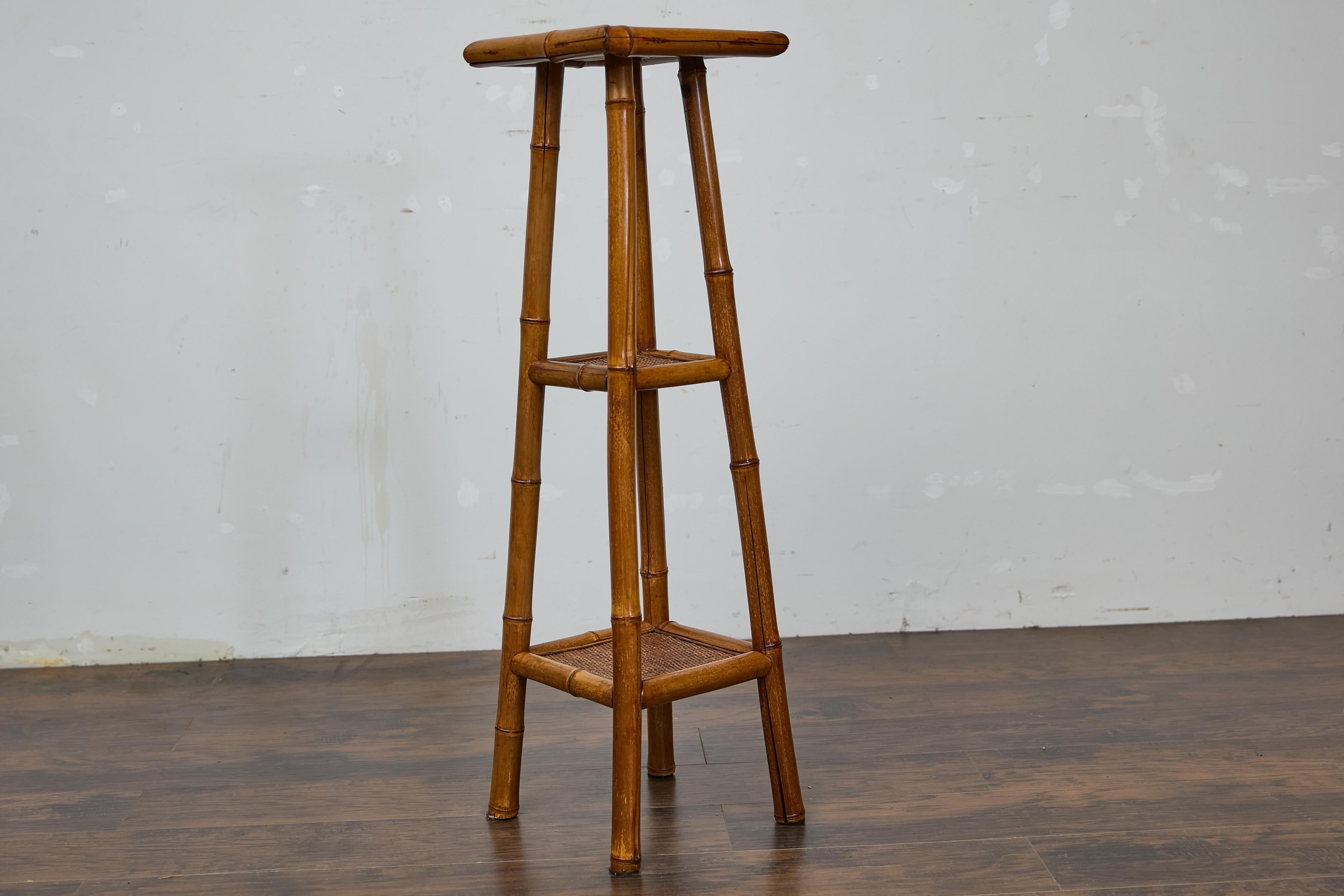 Rustic 1920s English Walnut Faux Bamboo Stand with Rattan Top and Two Shelves For Sale 5