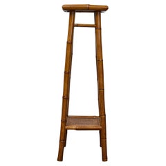 Antique Rustic 1920s English Walnut Faux Bamboo Stand with Rattan Top and Two Shelves