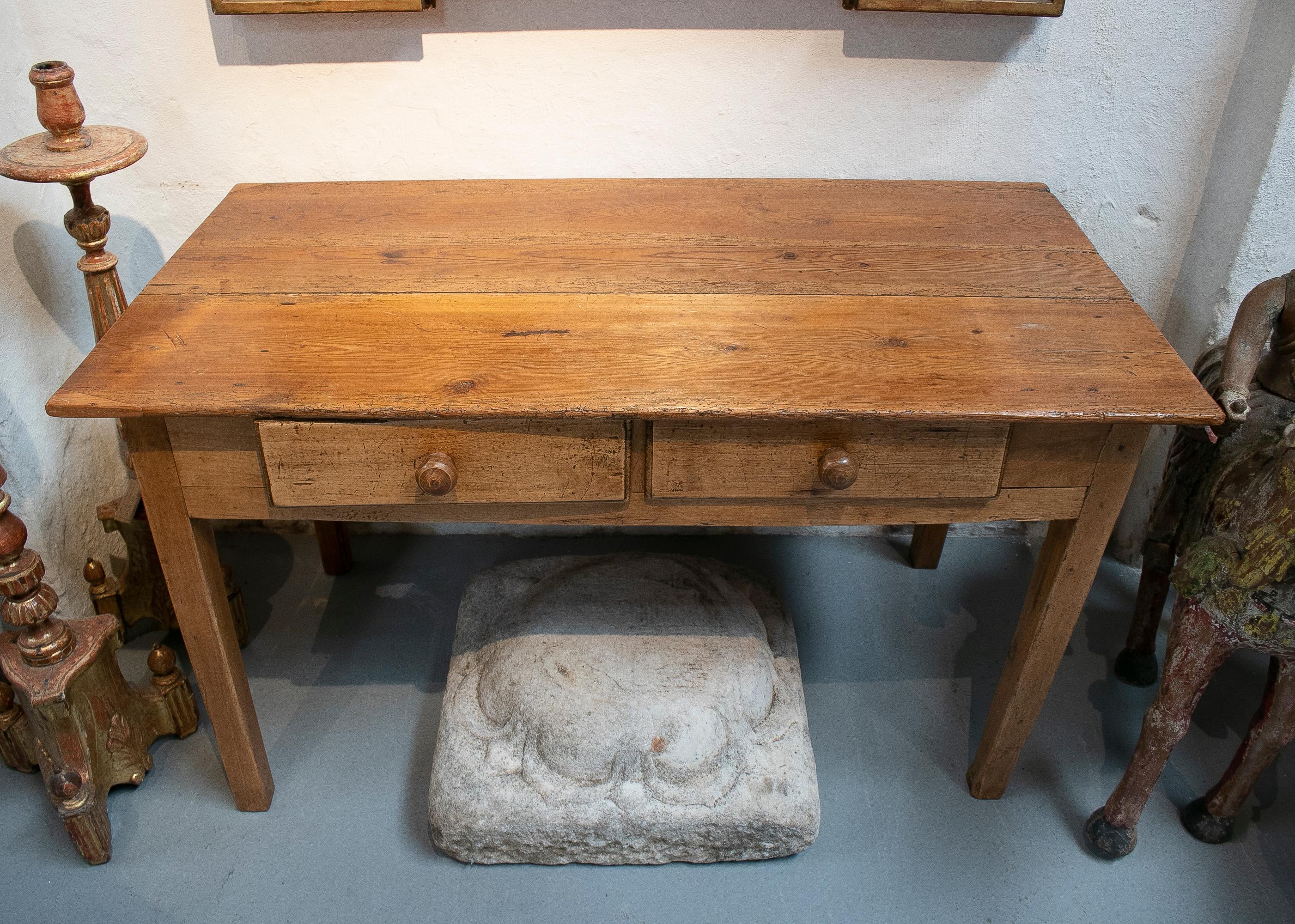 Rustic 1920s Spanish two-drawer lime washed pine wood farmhouse table.