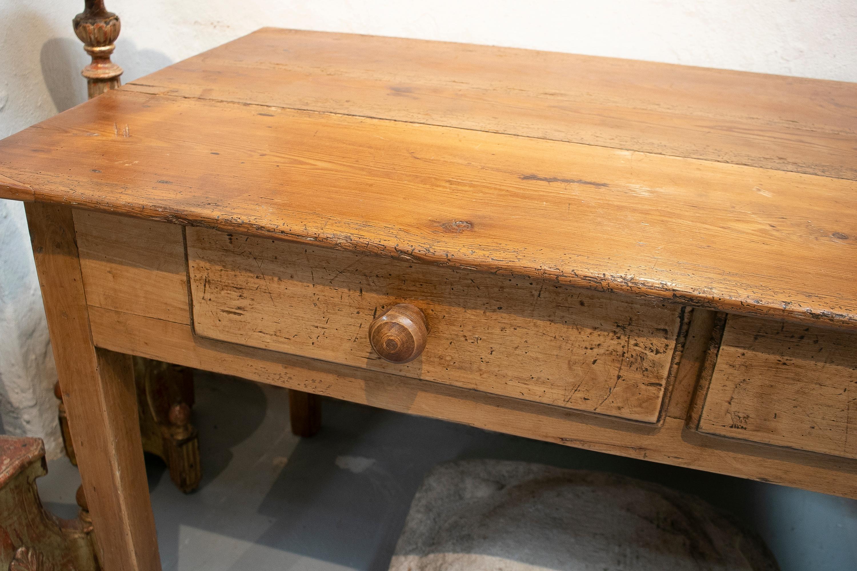 20th Century Rustic 1920s Spanish Two-Drawer Lime Washed Pine Wood Farmhouse Table