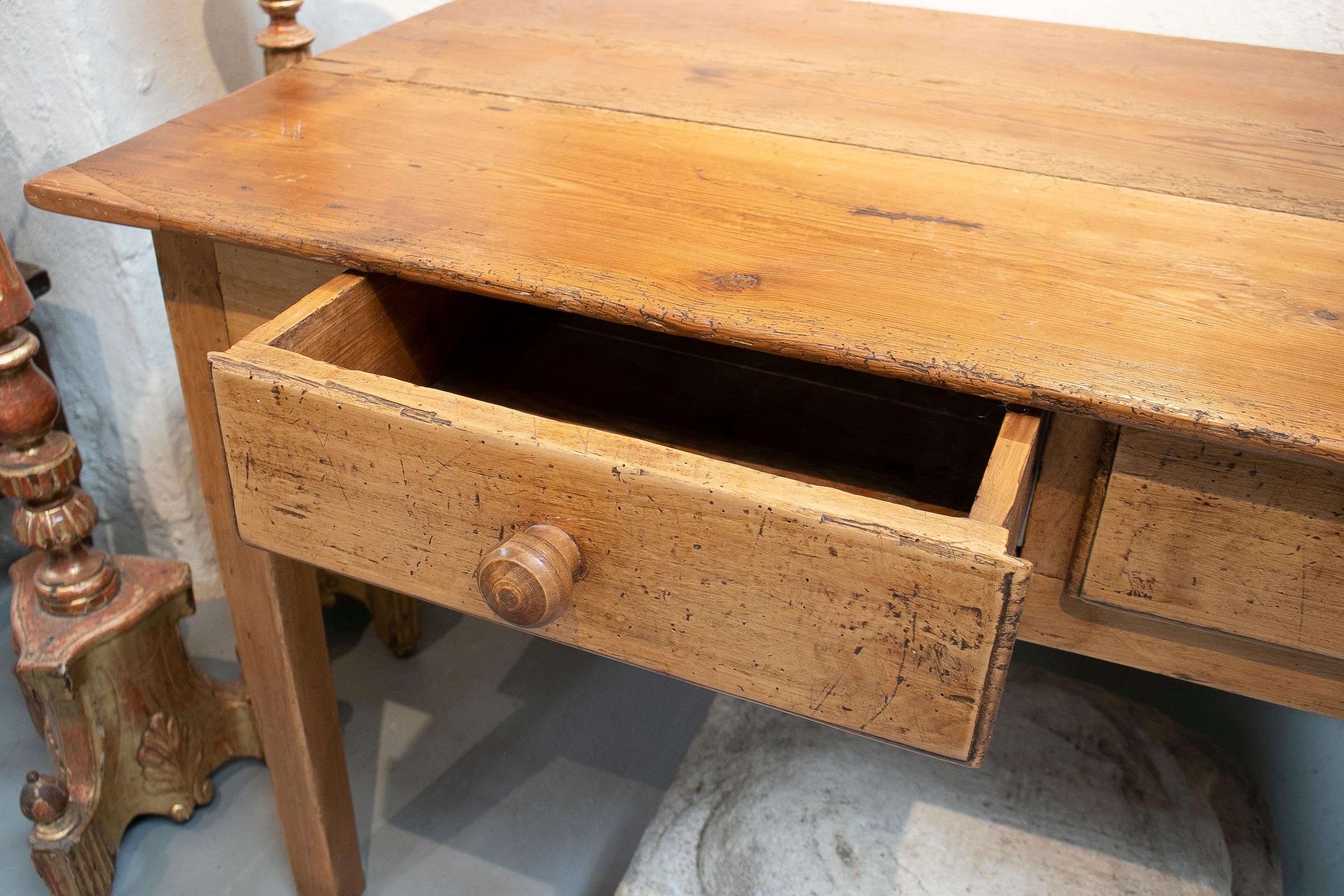 Rustic 1920s Spanish Two-Drawer Lime Washed Pine Wood Farmhouse Table 1