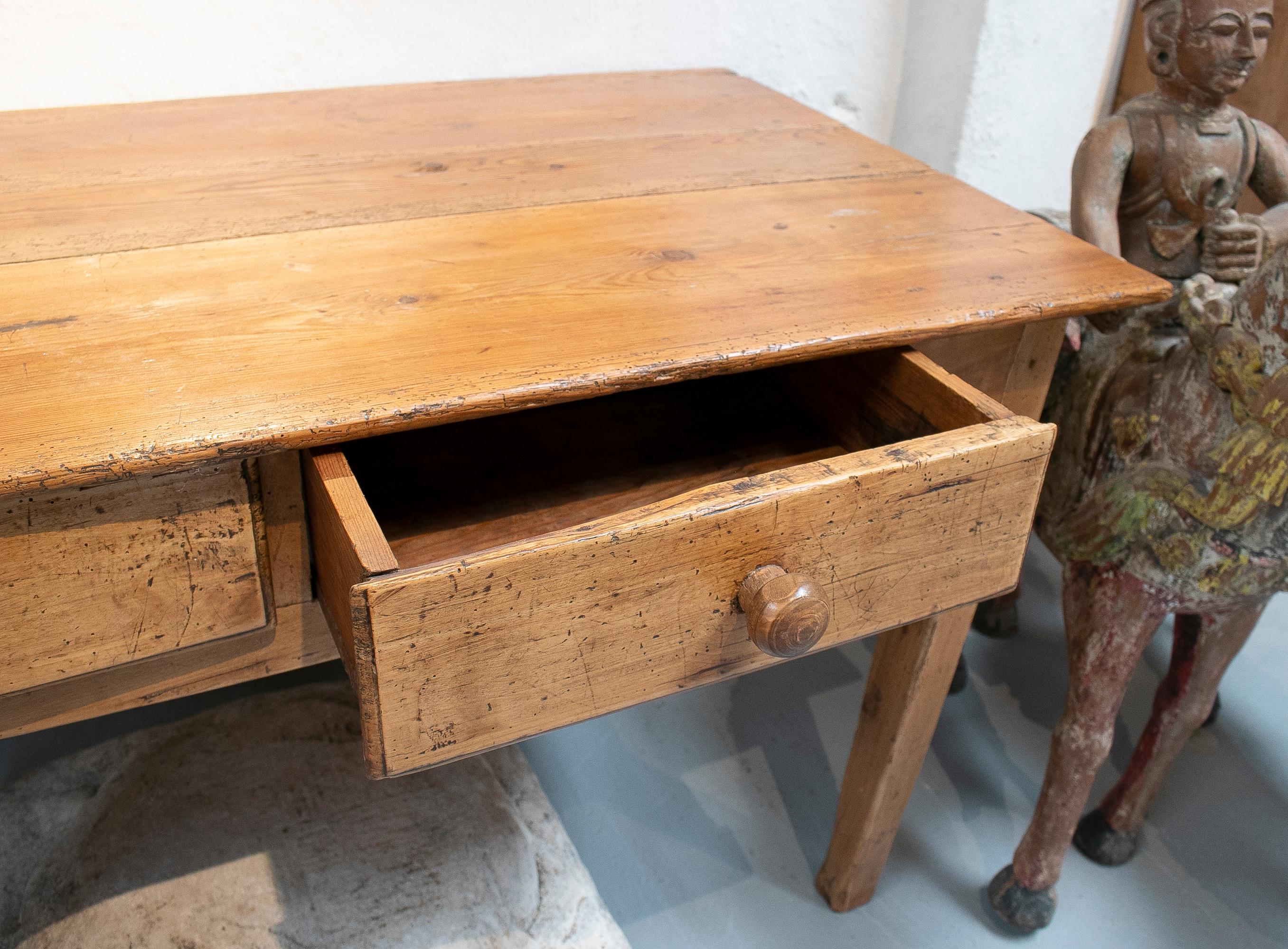 Rustic 1920s Spanish Two-Drawer Lime Washed Pine Wood Farmhouse Table 2