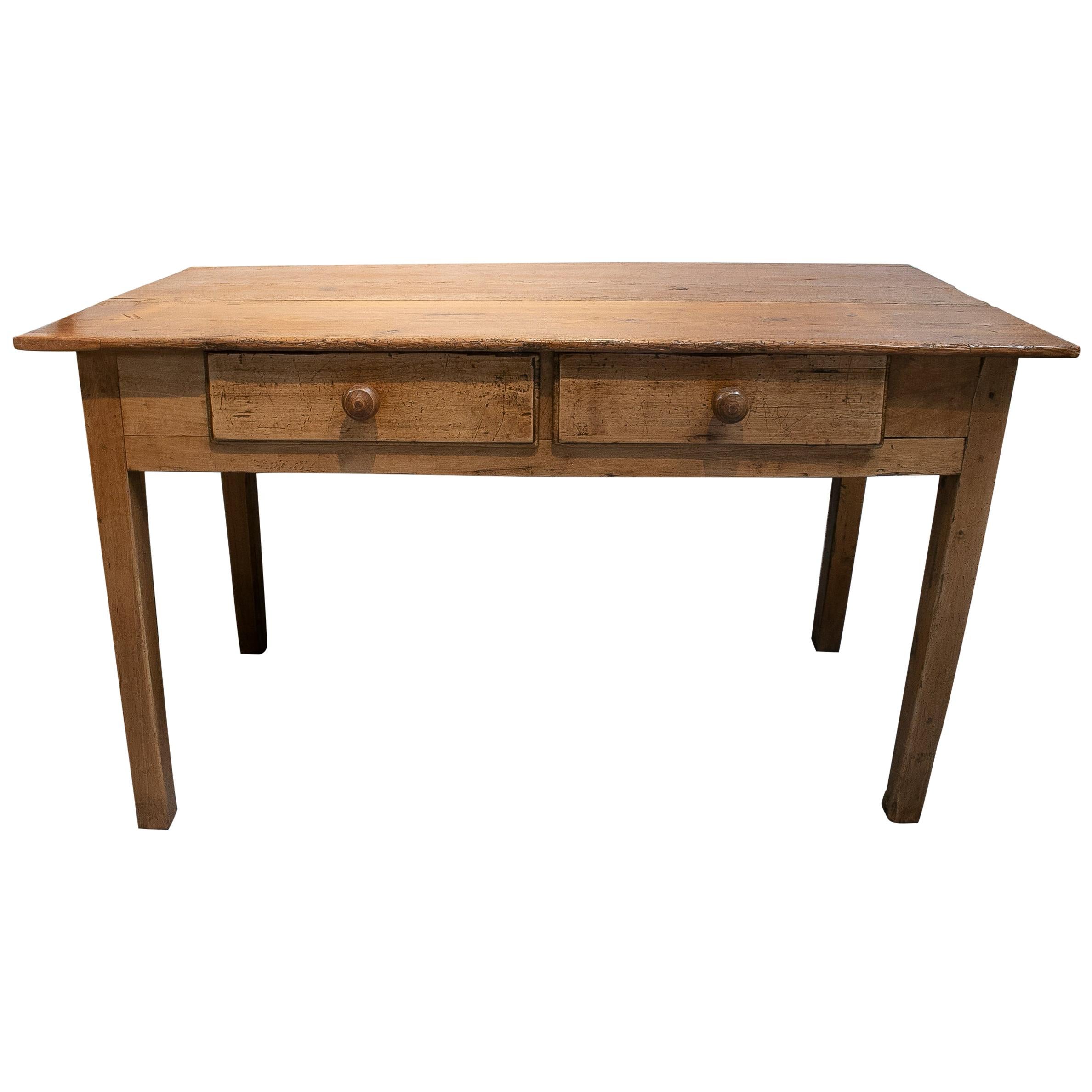 Rustic 1920s Spanish Two-Drawer Lime Washed Pine Wood Farmhouse Table