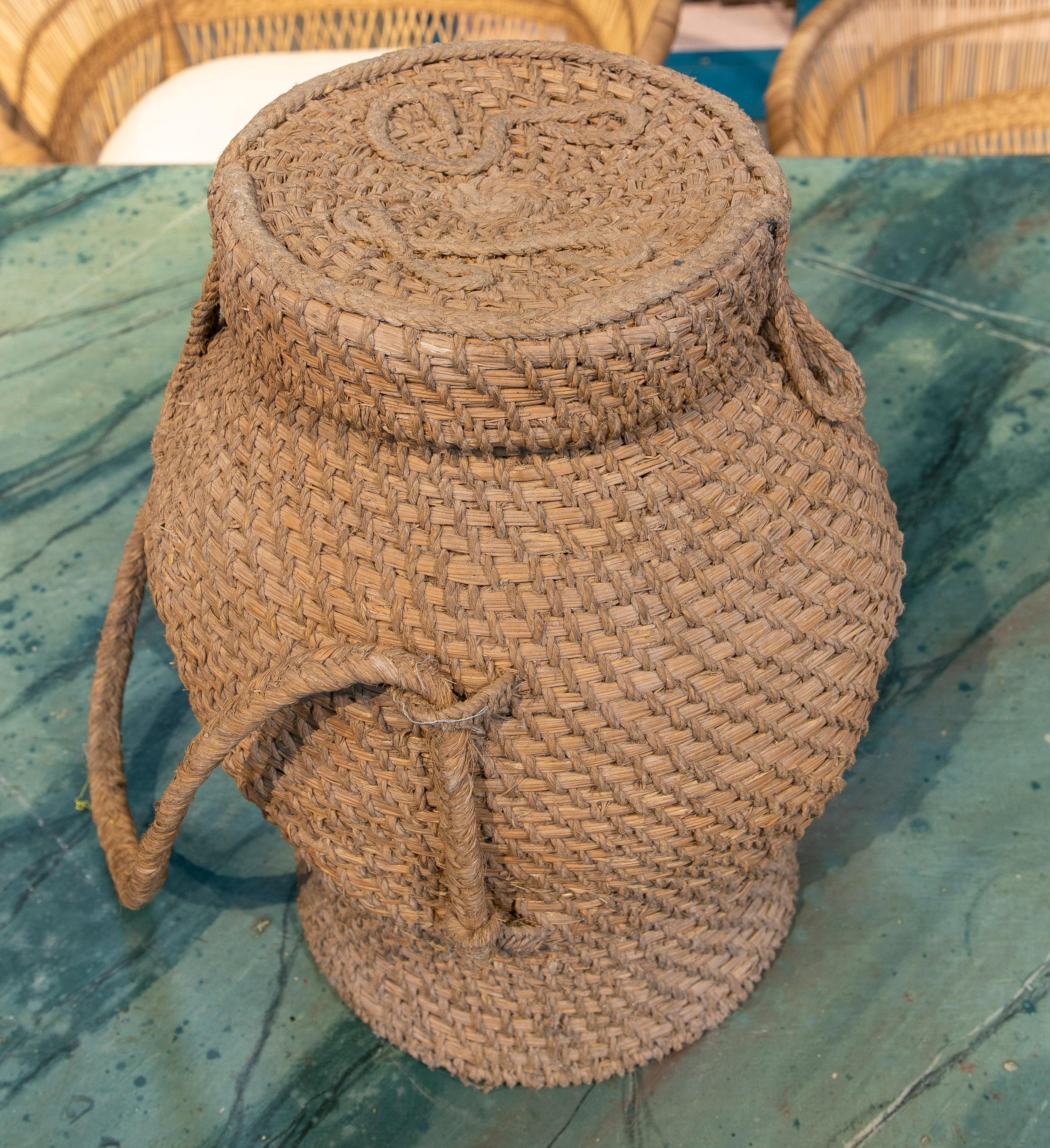 Rustic 1970s Spanish Handwoven Woven Wicker & Bulrush Vase Jar w/ Lid For Sale 6