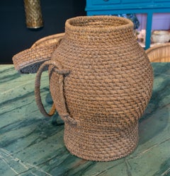Rustic 1970s Spanish Handwoven Woven Wicker & Bulrush Vase Jar w/ Lid