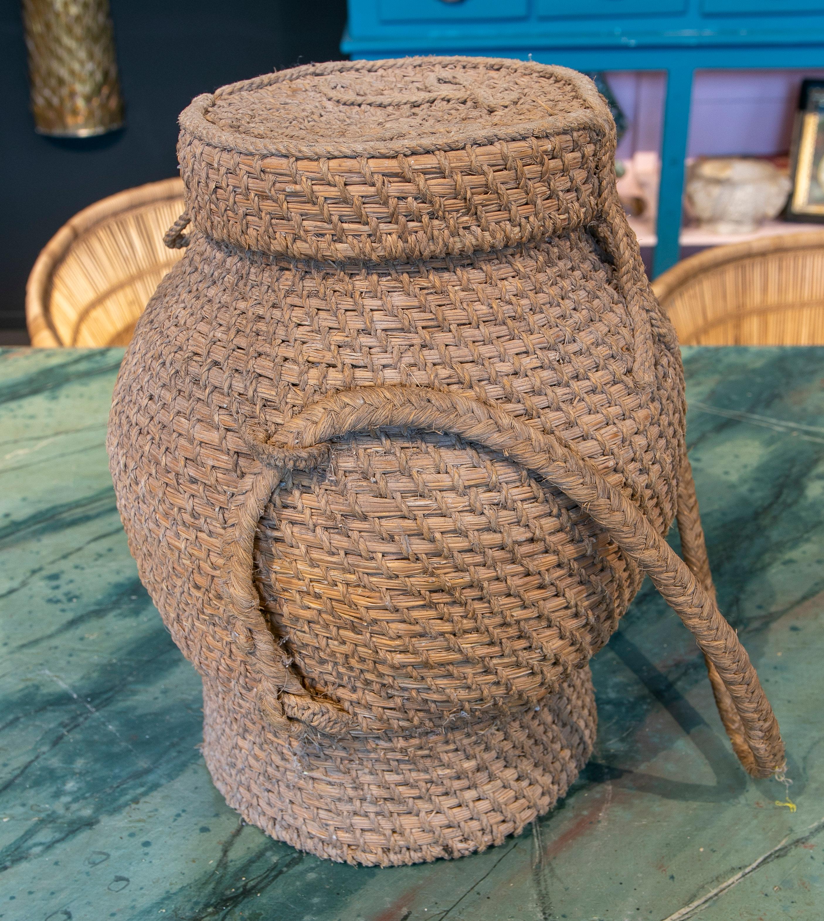 Rustic 1970s Spanish Handwoven Woven Wicker & Bulrush Vase Jar w/ Lid For Sale 1