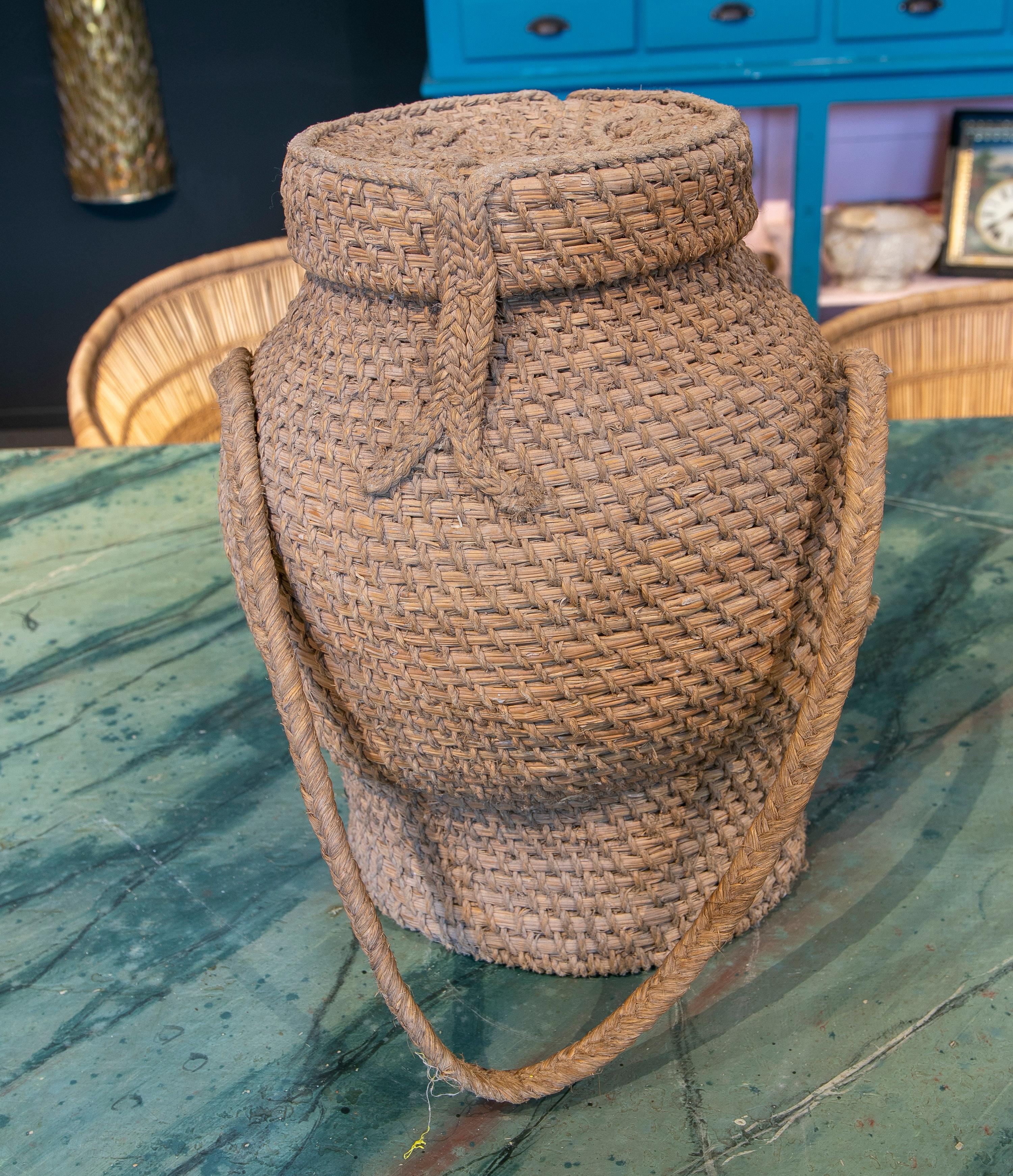 Rustic 1970s Spanish Handwoven Woven Wicker & Bulrush Vase Jar w/ Lid For Sale 3