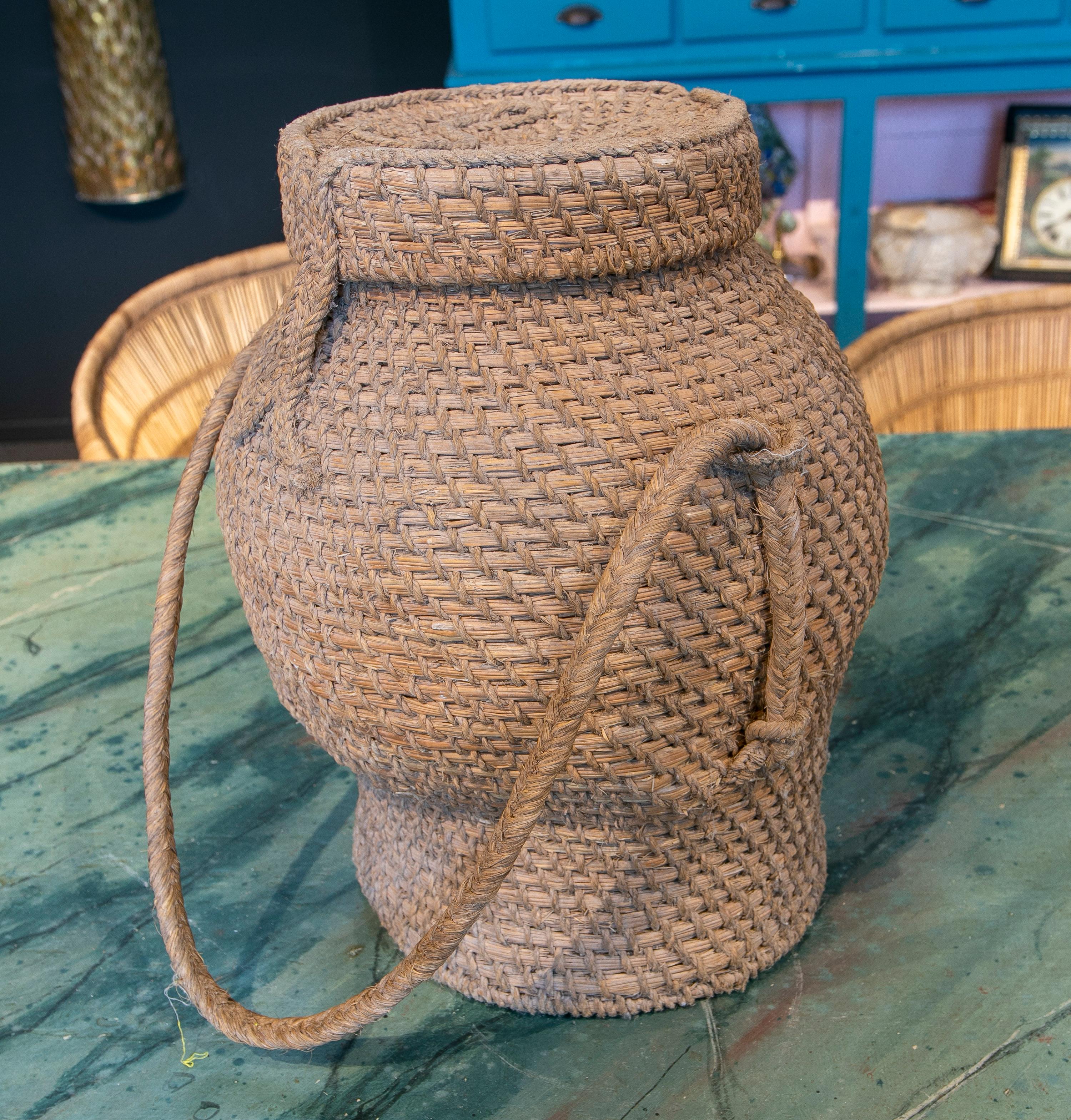 Rustic 1970s Spanish Handwoven Woven Wicker & Bulrush Vase Jar w/ Lid For Sale 4