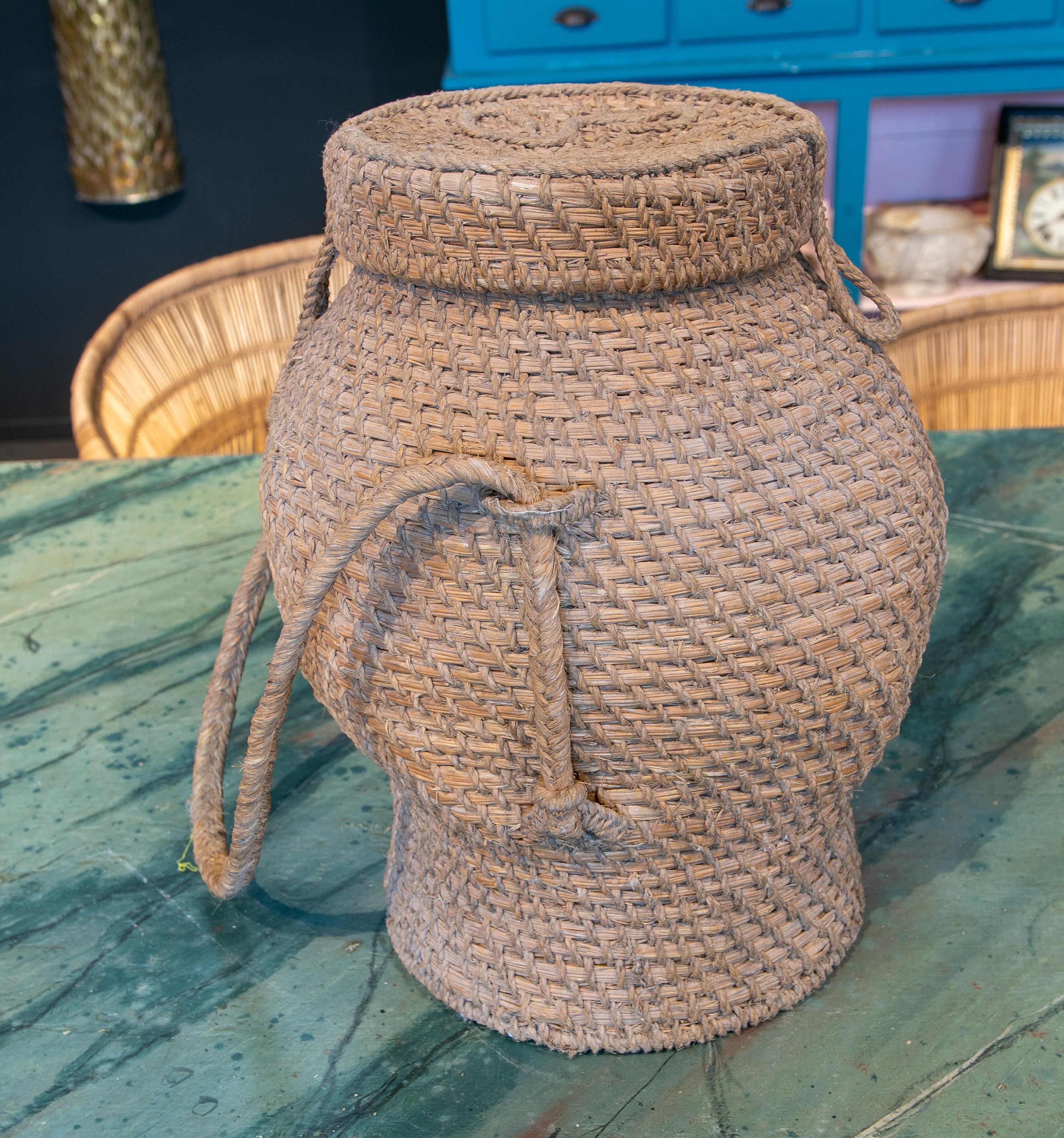 Rustic 1970s Spanish Handwoven Woven Wicker & Bulrush Vase Jar w/ Lid For Sale 5