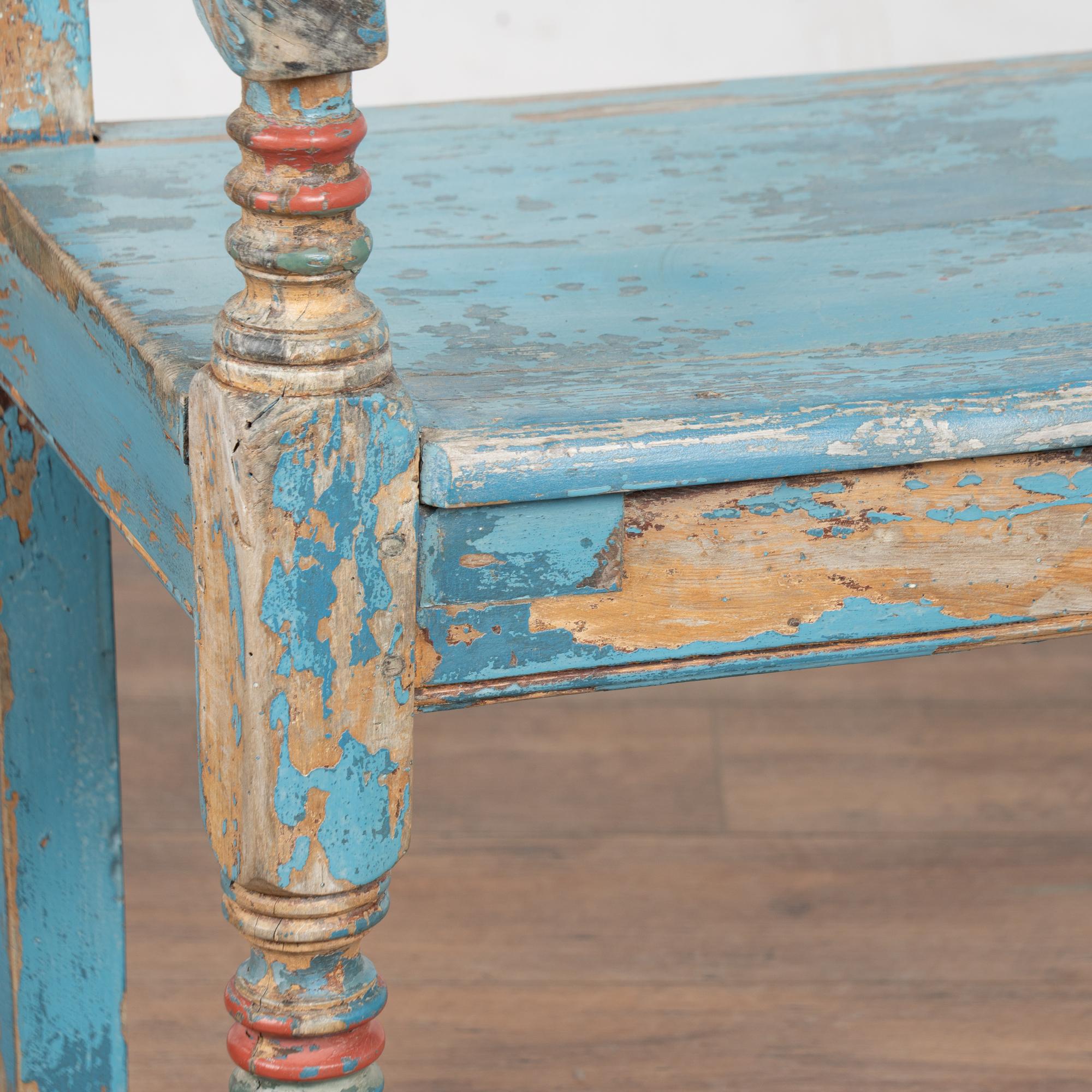 Rustic 19th Century Blue Painted Pine Bench, Denmark For Sale 5