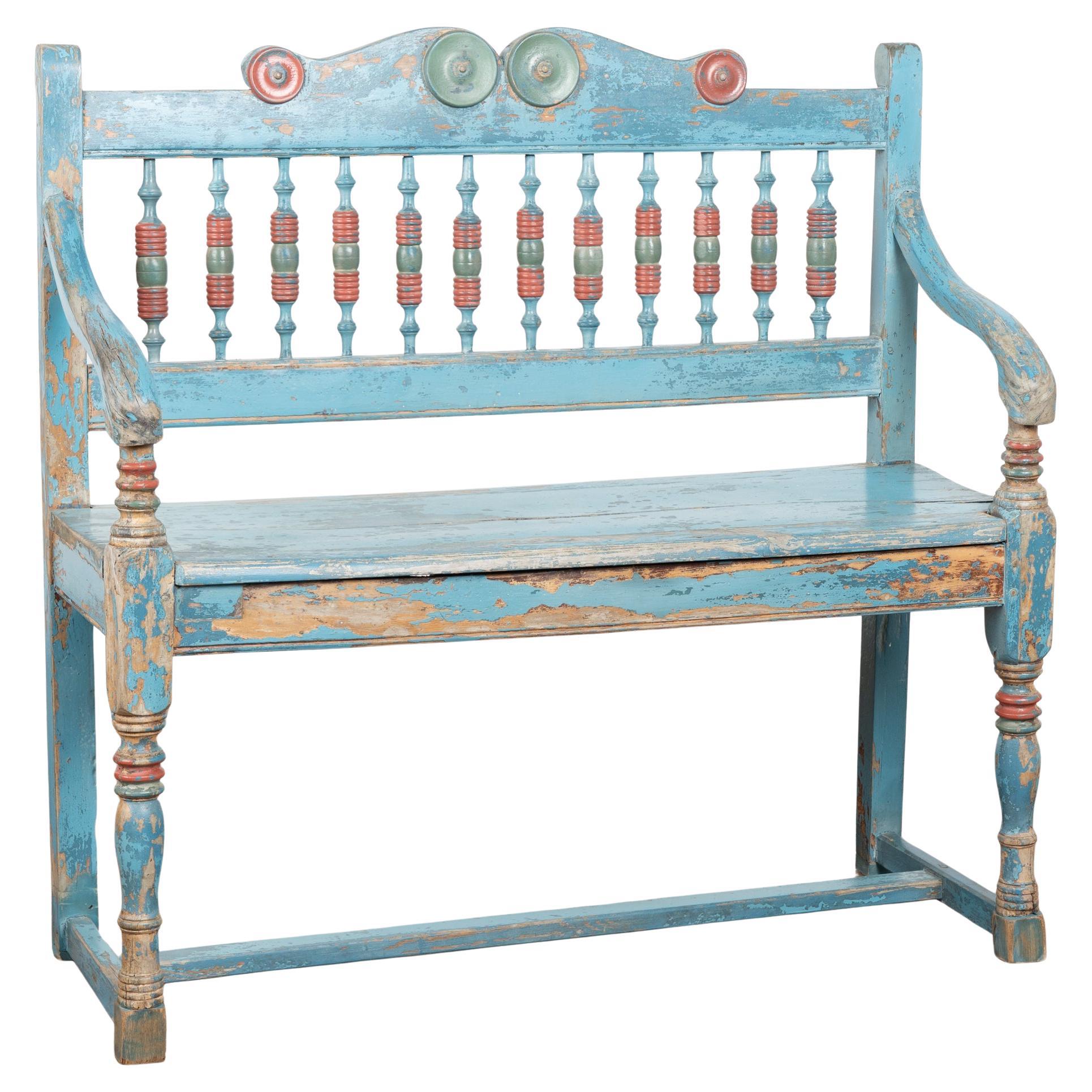 Rustic 19th Century Blue Painted Pine Bench, Denmark For Sale