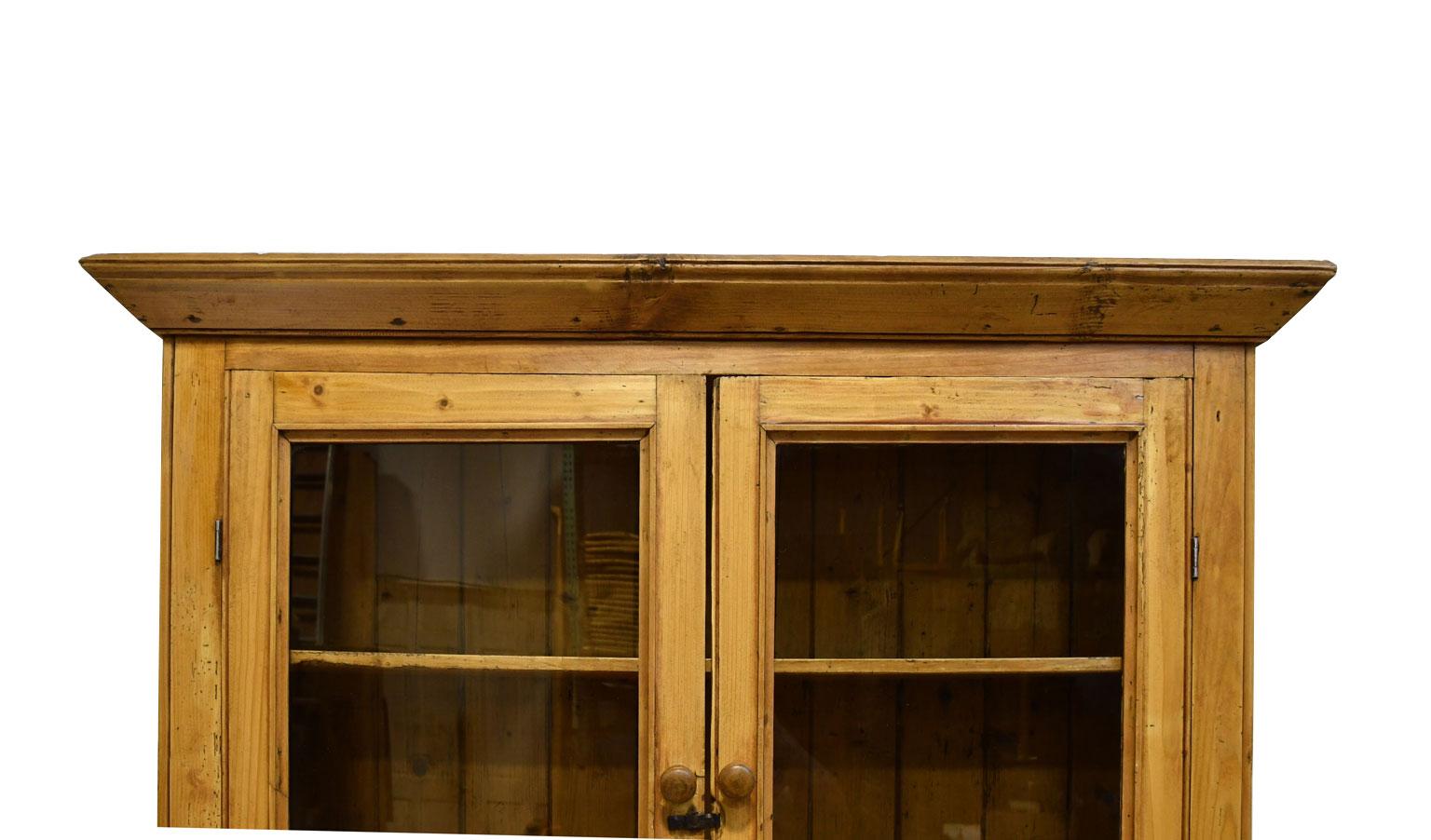 Rustic 19th Century English Country Cupboard in Pine with Glazed Doors 4