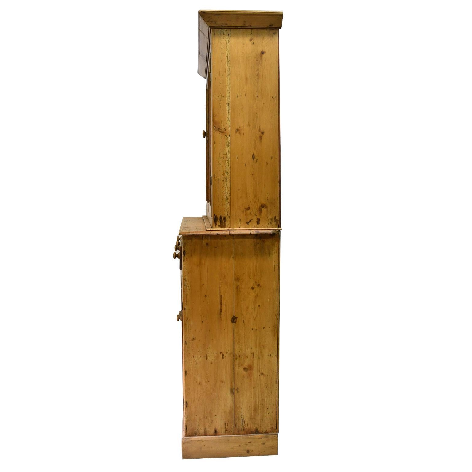Hand-Crafted Rustic 19th Century English Country Cupboard in Pine with Glazed Doors